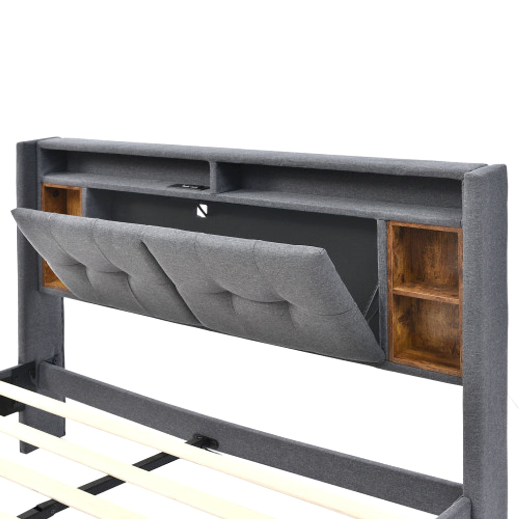 LuneluX_Home – Solid Wood Storage Bed with USB Charging Ports & LED Light (160×200 cm, Gray) - enhanced image 8