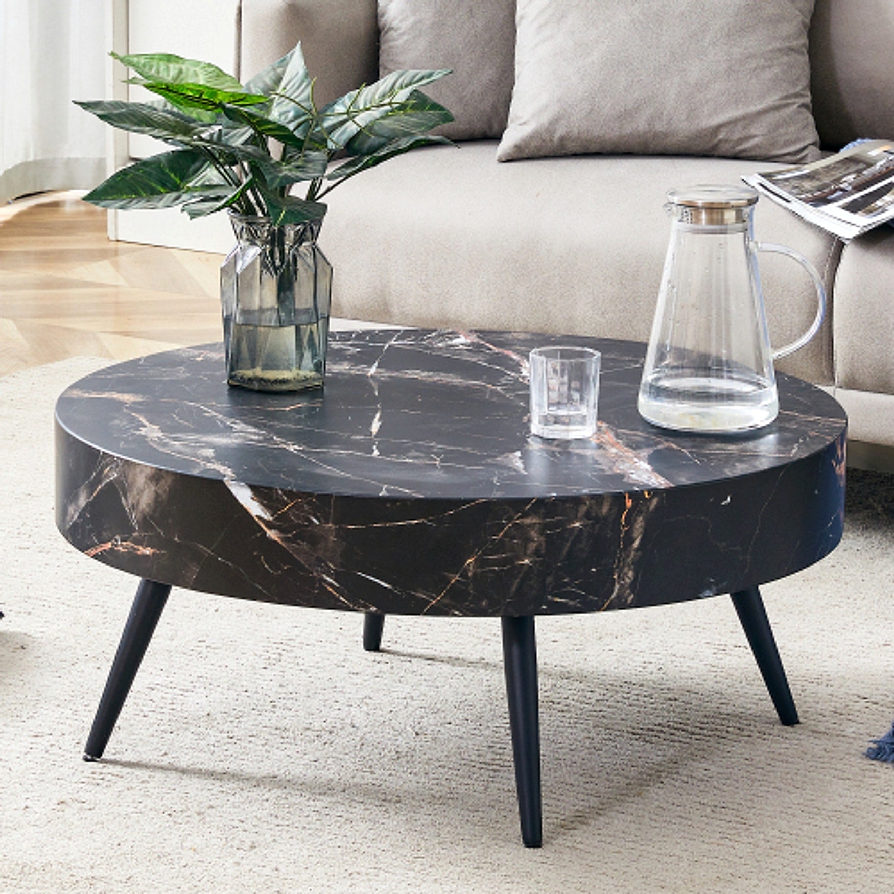 LuxeHome™ – 31.5" Black Marble Round Coffee Table with Adjustable Metal Legs (US Warehouse) - enhanced image 8