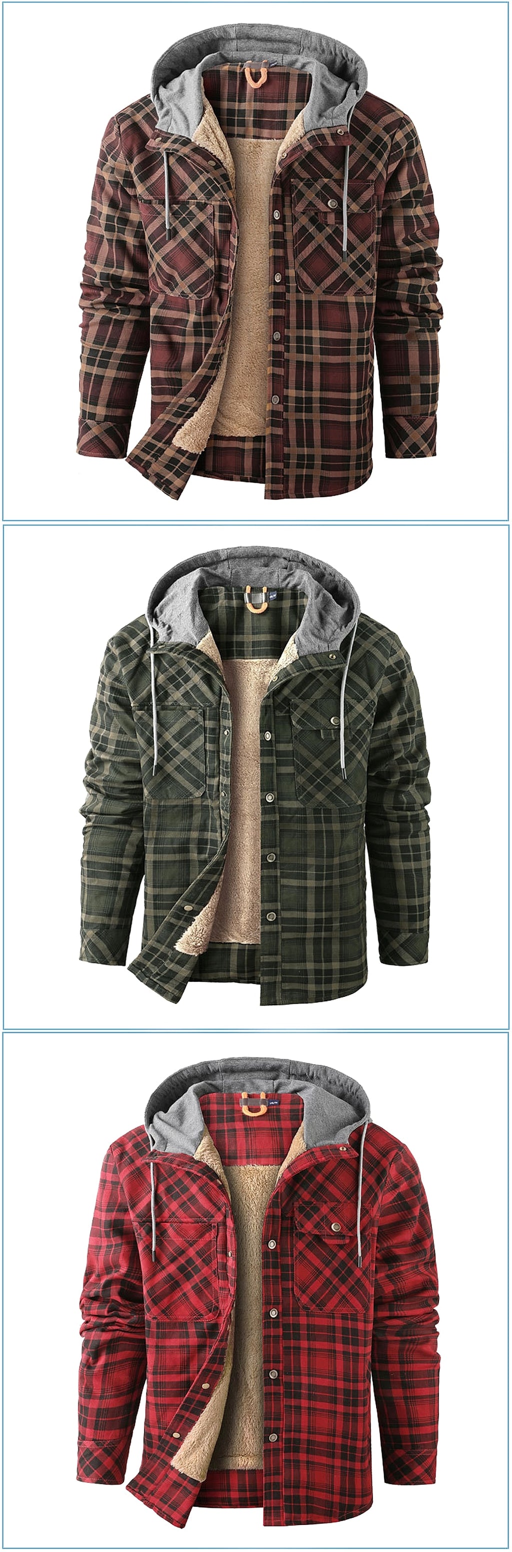 Men’s Fleece-Lined Hooded Plaid Flannel Jacket – Winter Cotton Padded Shirt Coat - enhanced image 8