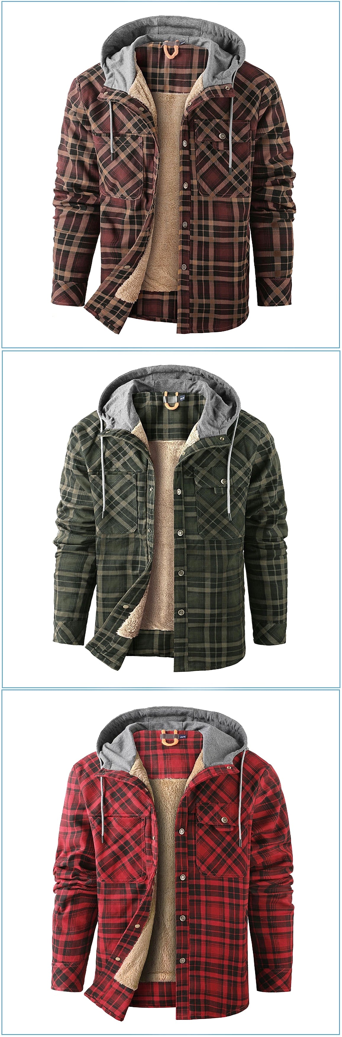 Men’s Fleece-Lined Hooded Plaid Flannel Jacket – Winter Cotton Padded Shirt Coat - enhanced image 8