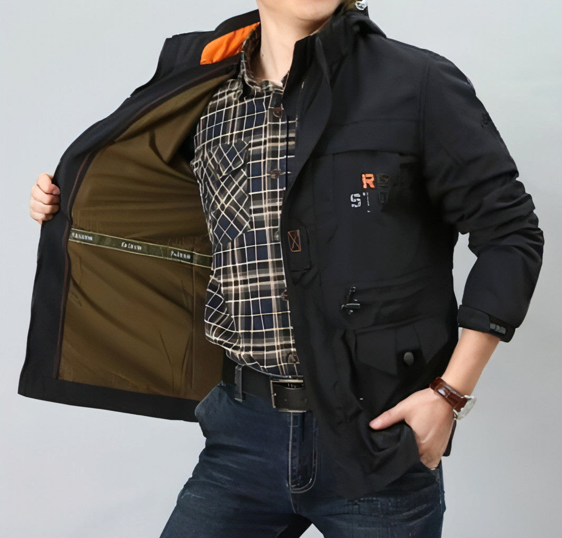 Men's casual outdoor waterproof breathable long hooded stand collar Jacket - enhanced image 8