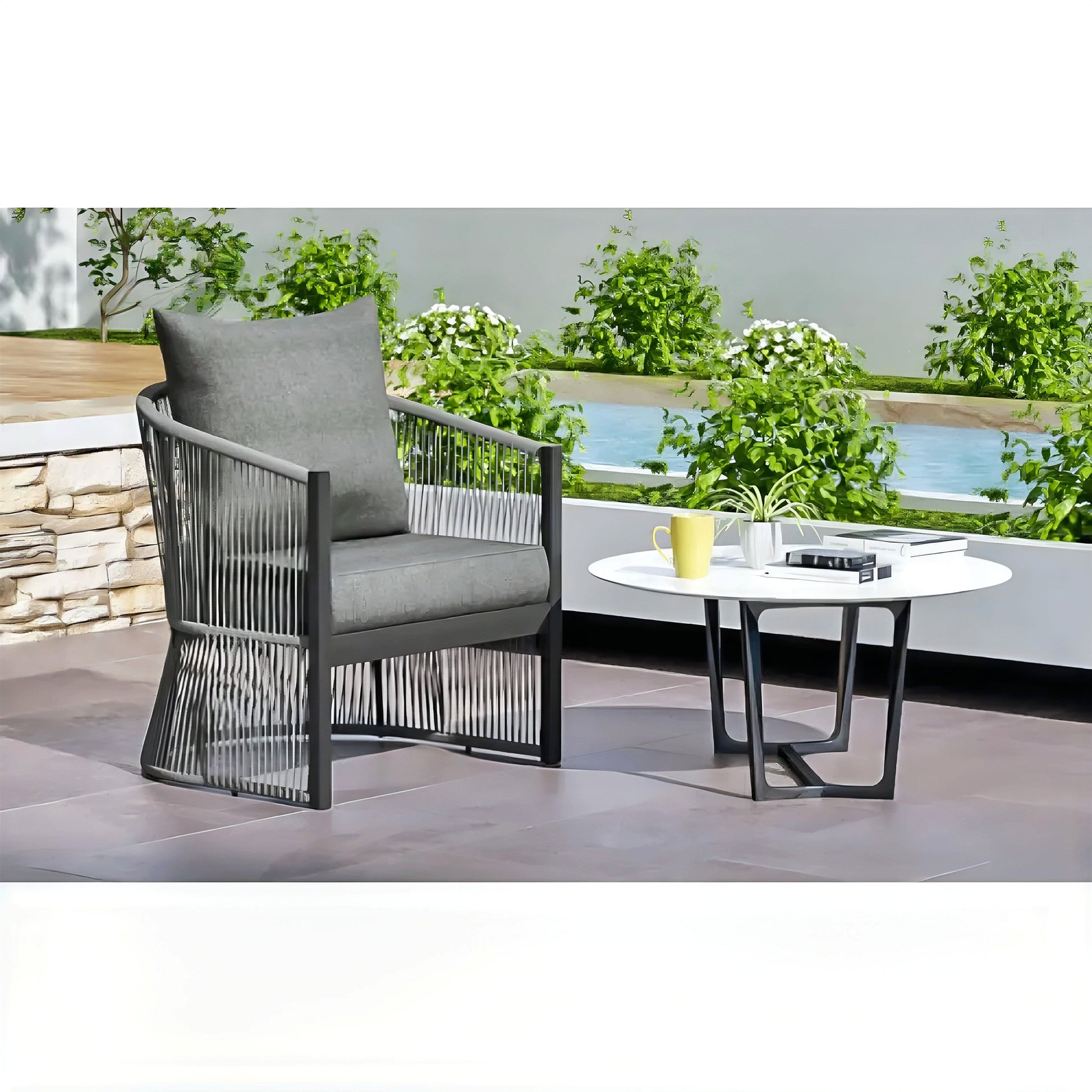 LuneluX_Home – Curved Rope-Weave Lounge Chair (Gray & Natural Beige) - enhanced image 8