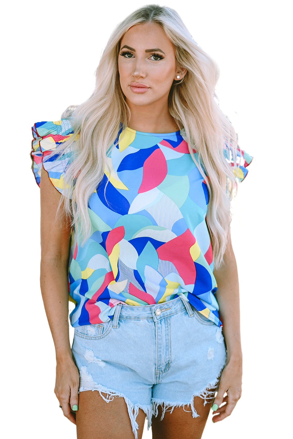 Multicolor Abstract Print Stitching Ruffle Sleeve Blouse - enhanced image 8