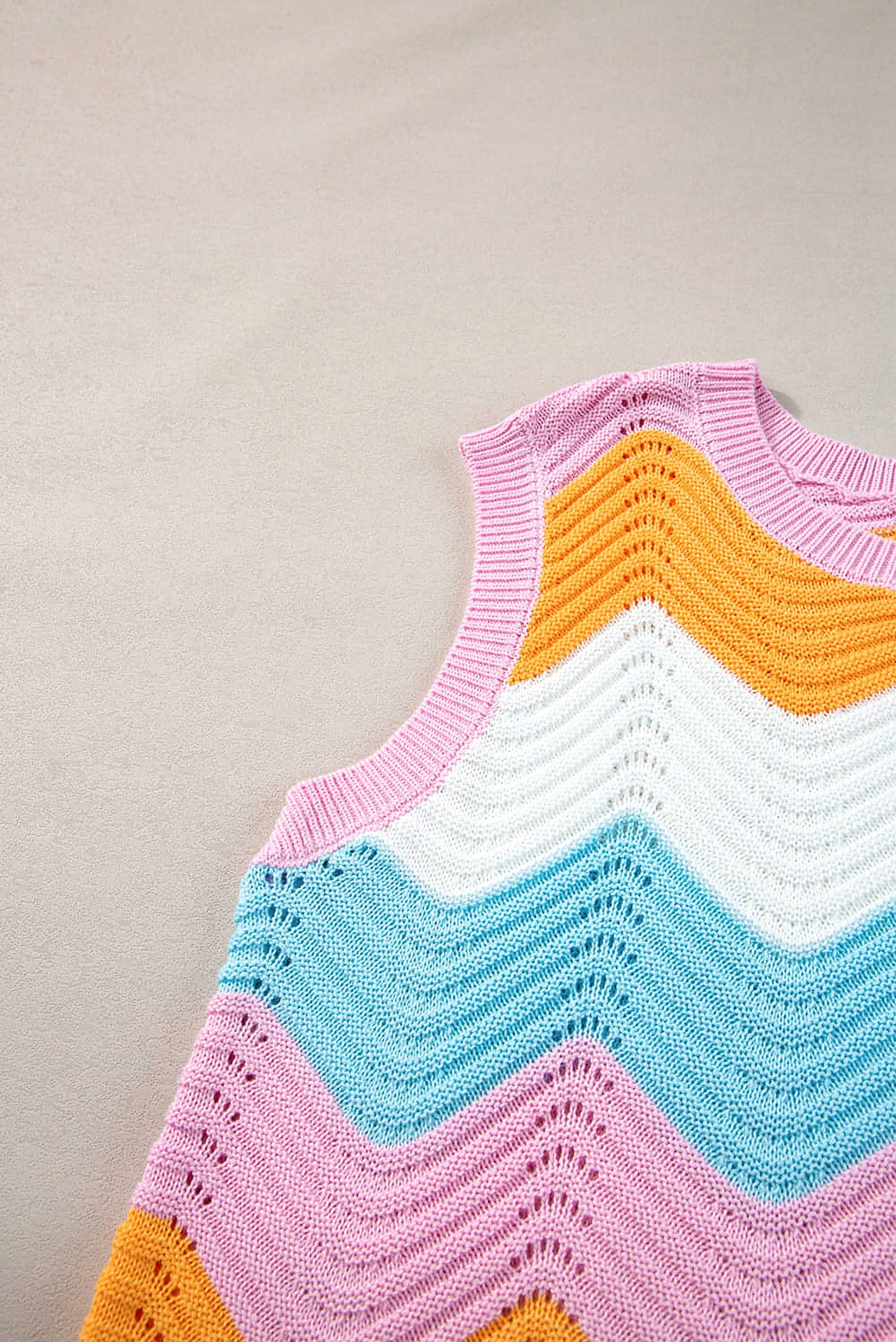 Multicolour Striped Colorblock Scalloped Hem Knitted Vest - enhanced image 8