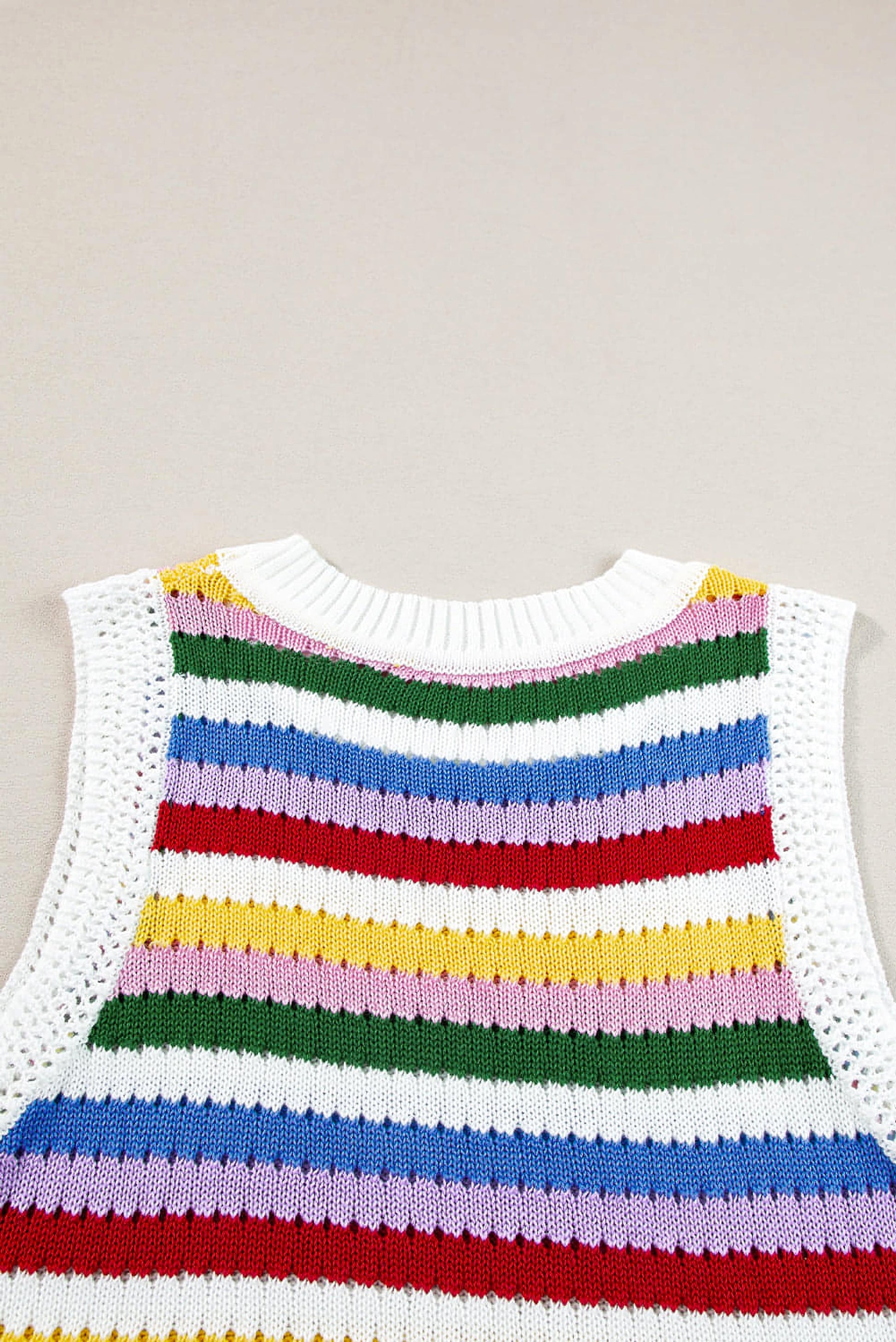 Multicolour Striped Knitted Eyelet Slim Sweater Vest - enhanced image 8