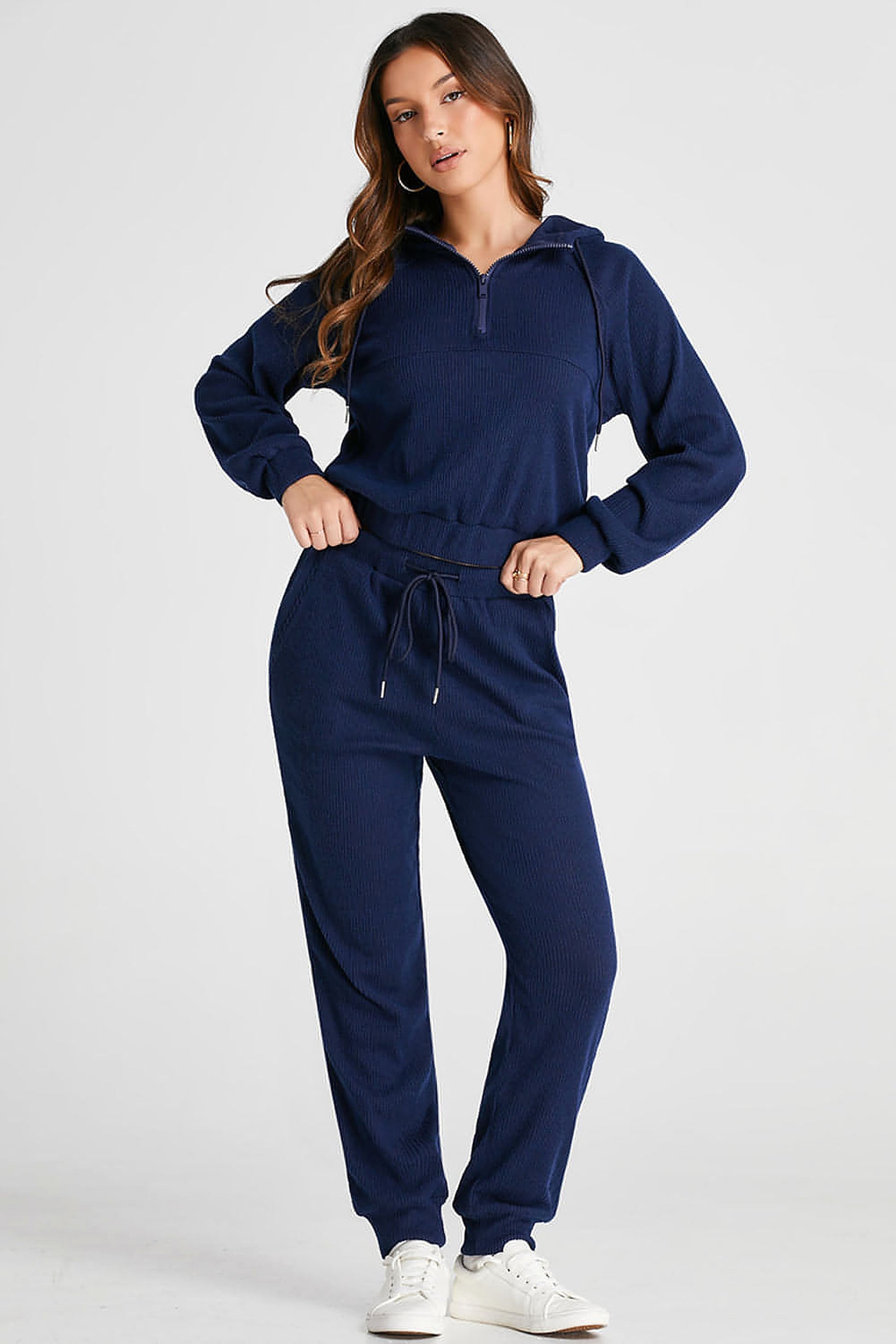 Navy Blue Ribbed Knit Cropped Hoodie and Drawstring Joggers Set - enhanced image 8