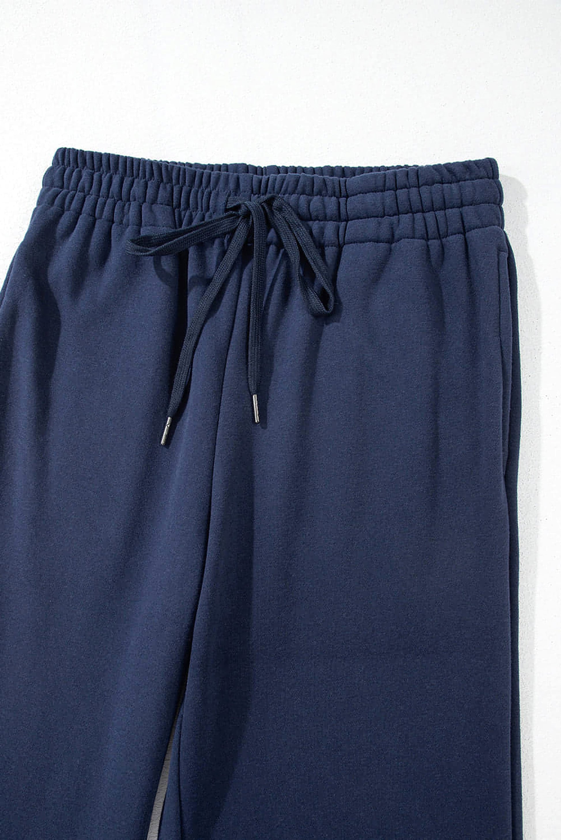 Navy Blue Solid Color Fleece Lined Drawstring Waist Casual Pants - enhanced image 8