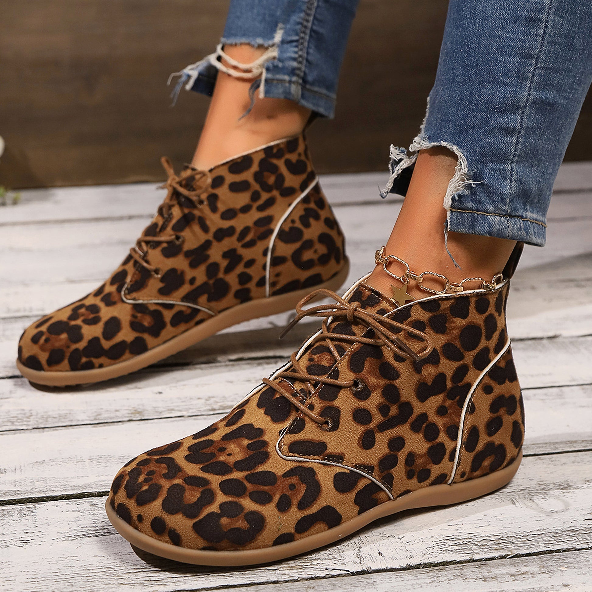 New Lace-up Flat Leopard Print Casual Boots Women - enhanced image 8