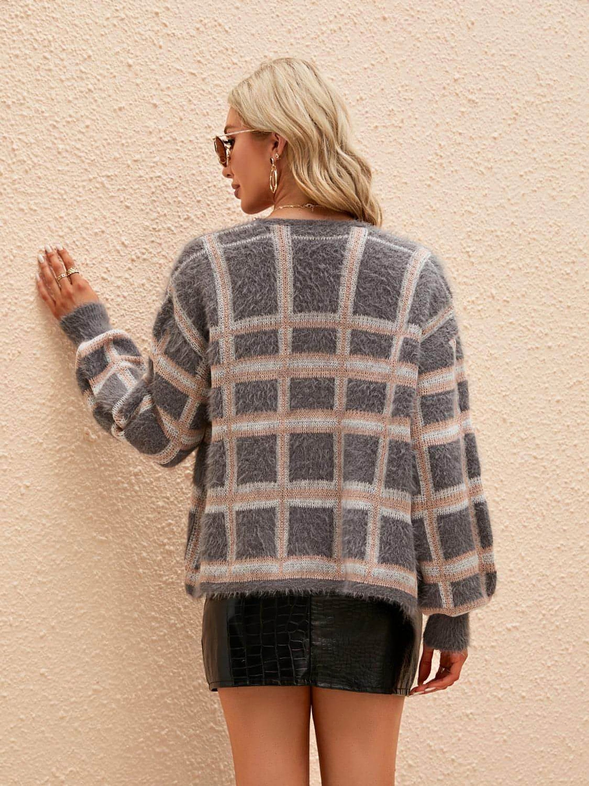 Open Front Plaid Long Sleeve Cardigan - enhanced image 8