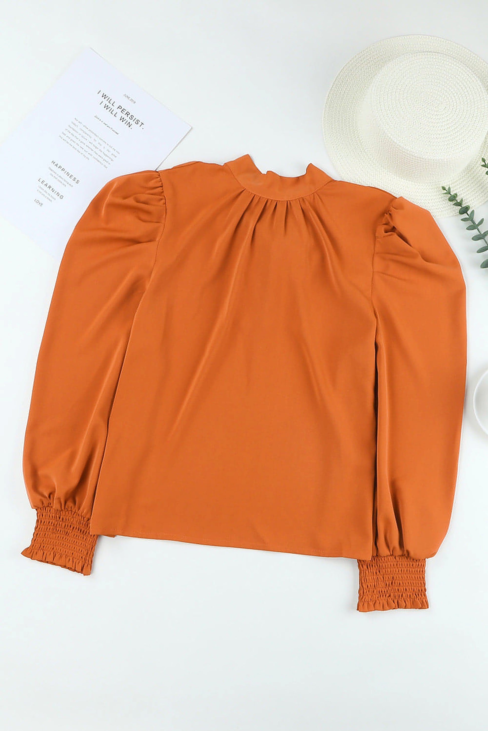 Orange Long Bubble Sleeve Mock Neck Chiffon Blouse - enhanced image 8
