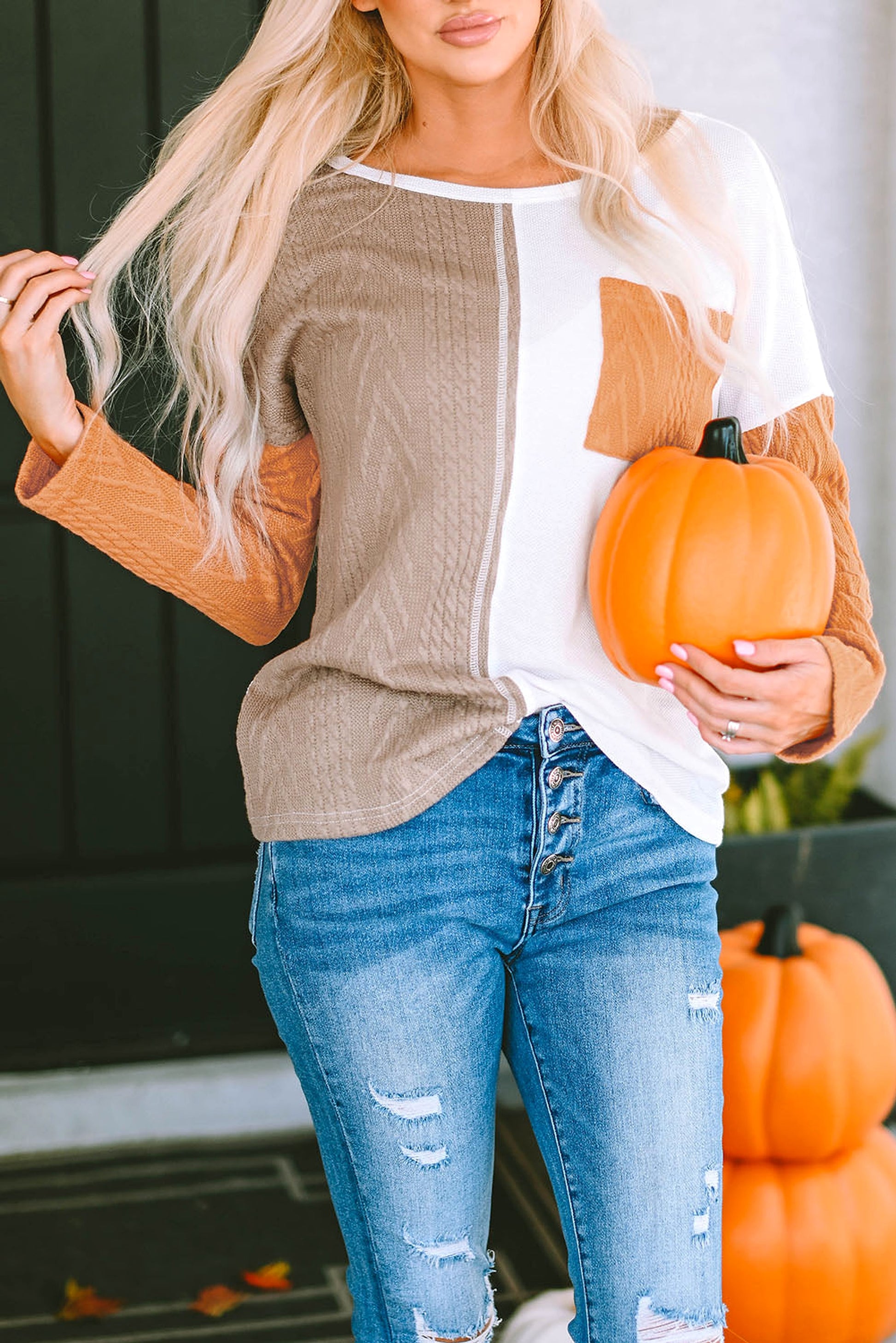 Orange Long Sleeve Colorblock Chest Pocket Textured Knit Top - enhanced image 8