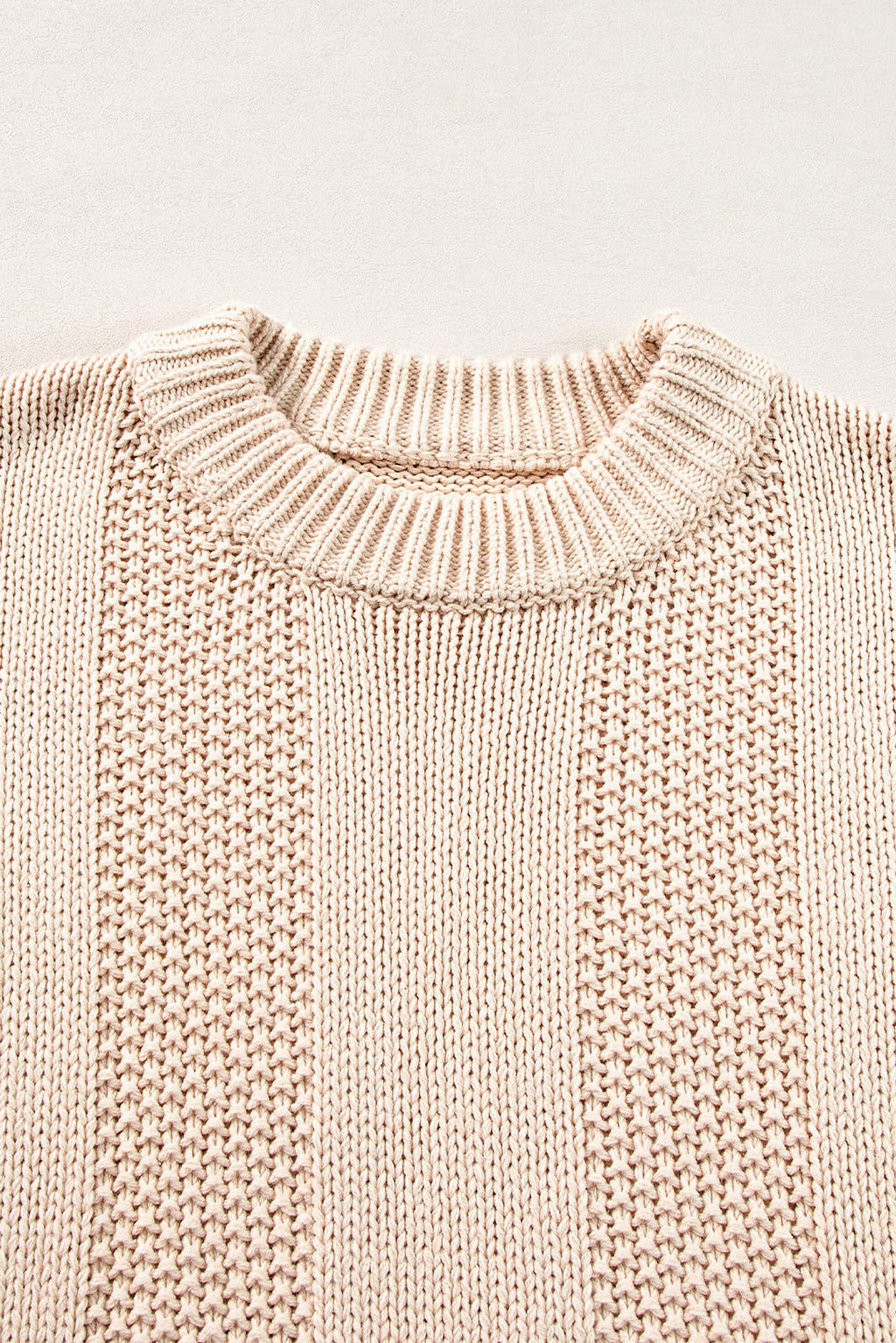 Pale Khaki Solid Color Cable Knit Ribbed Loose Sweater - enhanced image 8