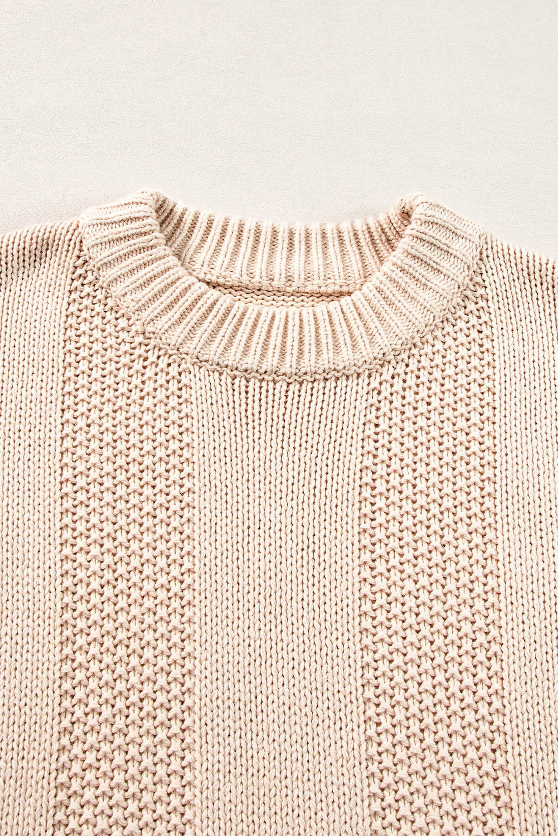 Pale Khaki Solid Color Cable Knit Ribbed Loose Sweater - enhanced image 8