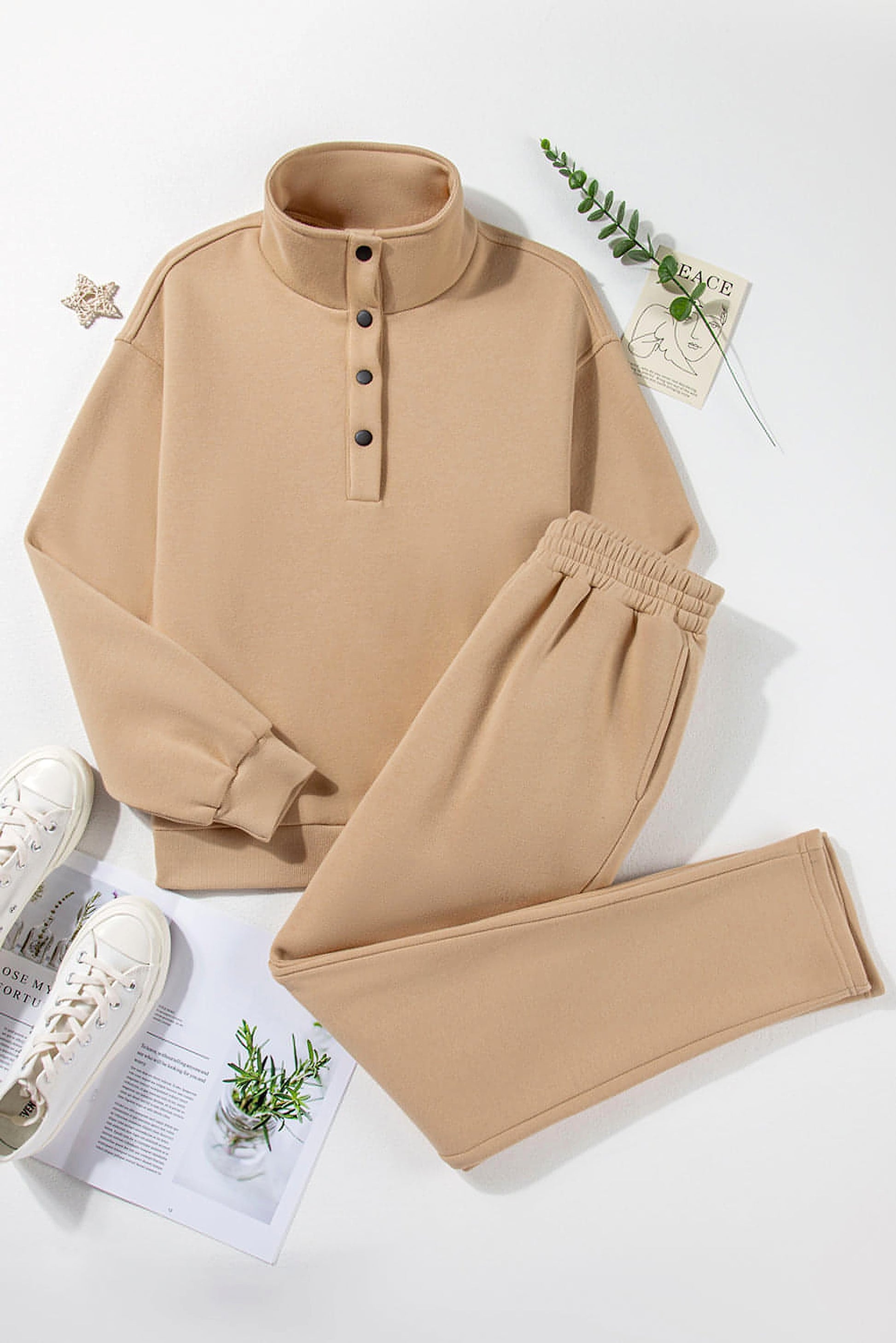 Parchment Solid Half Button Sweatshirt and High Waist Sweatpants Set - enhanced image 8