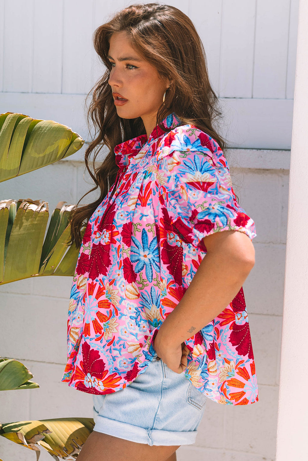 Pink Floral Print Bubble Sleeve Button Up Pleated Shirt - enhanced image 8