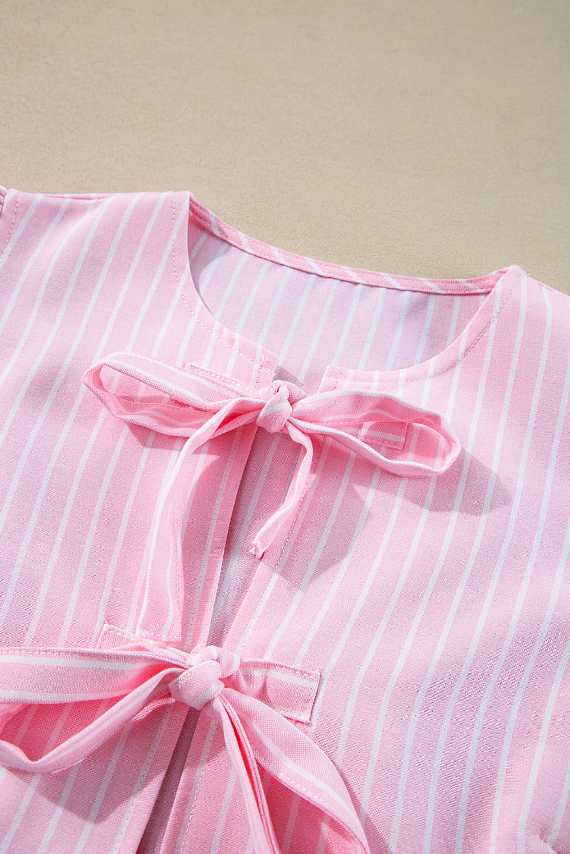 Pink Stripe Bowknot Front Crew Neck Puff Sleeve Blouse - enhanced image 8