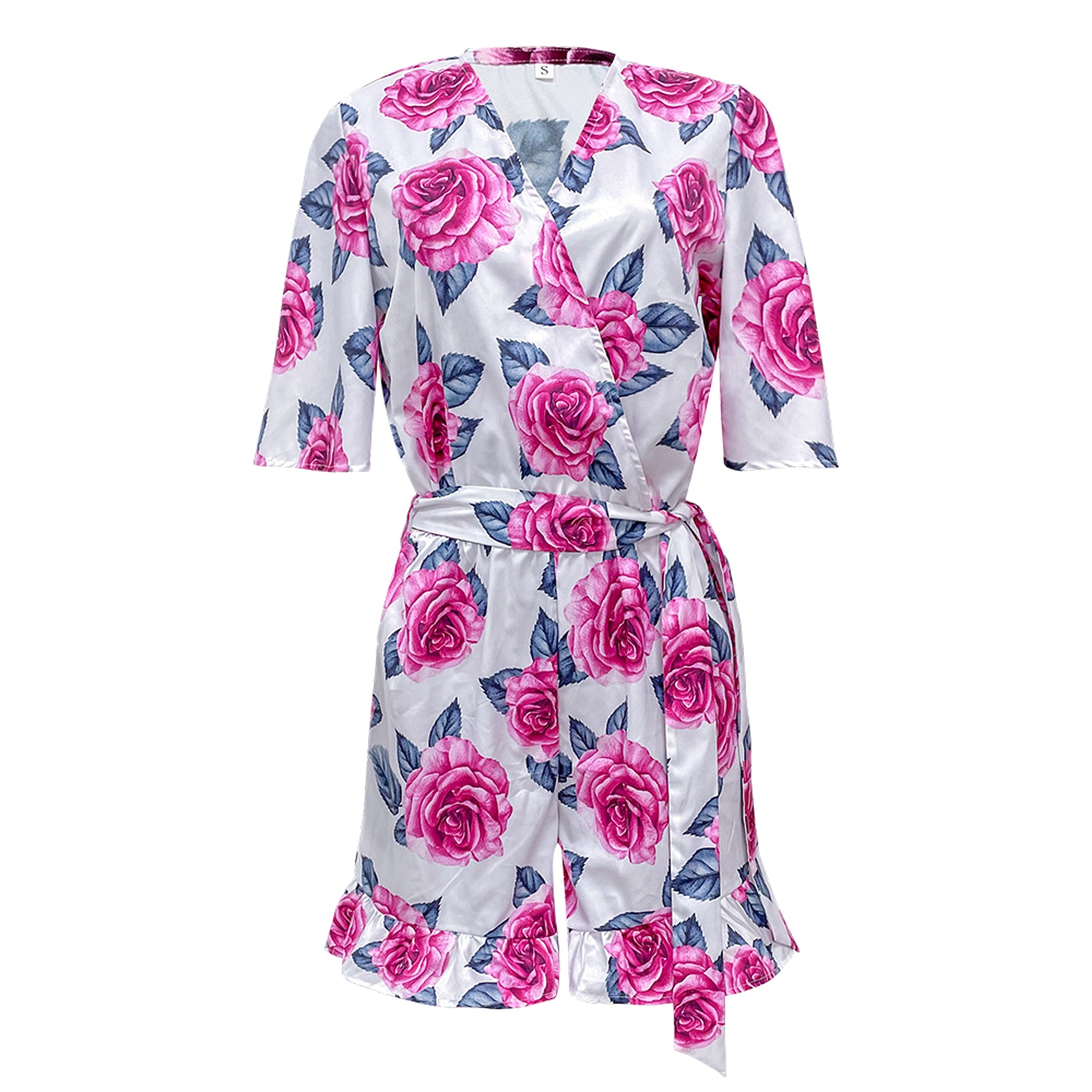 Printed Flared Short-Sleeved Lace-Up Jumpsuit Skirt - enhanced image 8