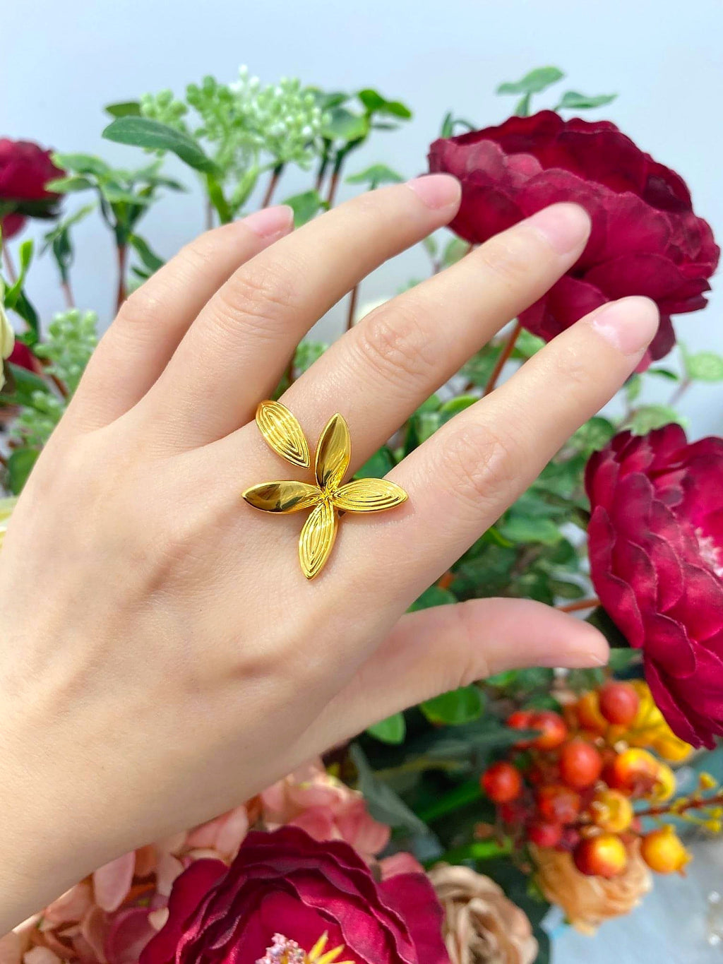 Pure Gold Foot 999 Gold Butterfly Flower Ring Weighs - enhanced image 8