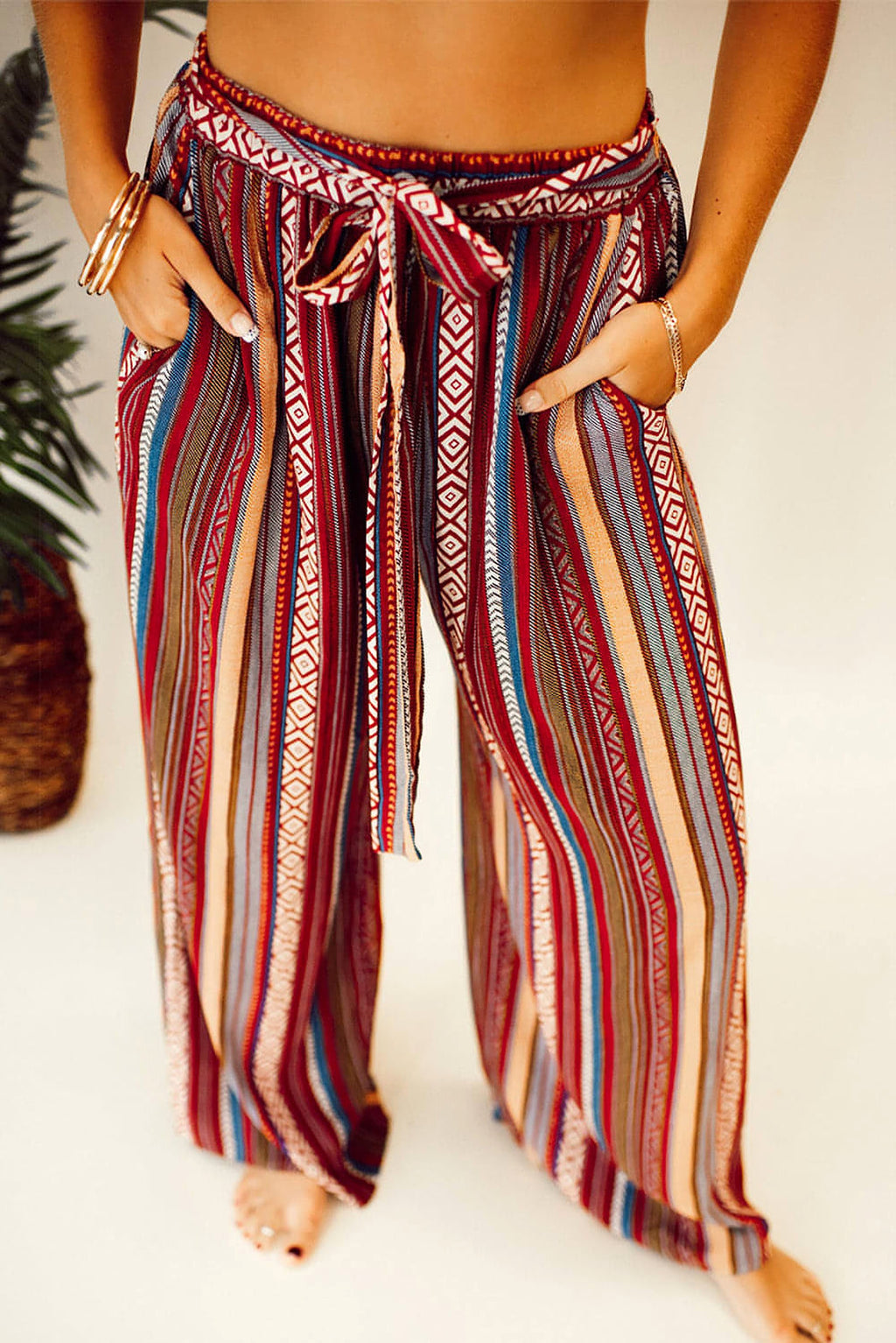 Red Boho Ethnic Striped Print Tie Waist Wide Leg Pants - enhanced image 8