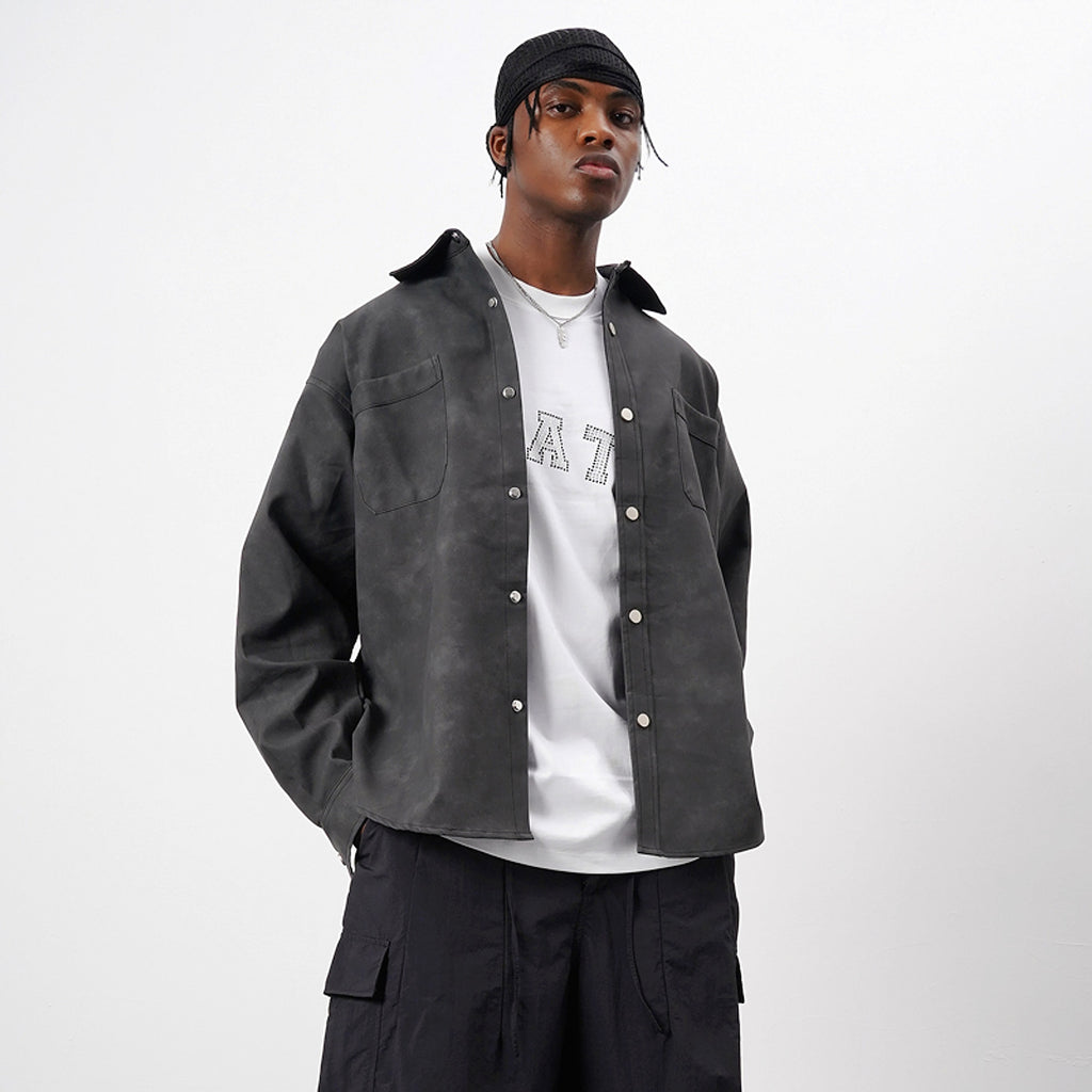 Retro Street Style Washed-out PU Leather DressShirt Men - enhanced image 8