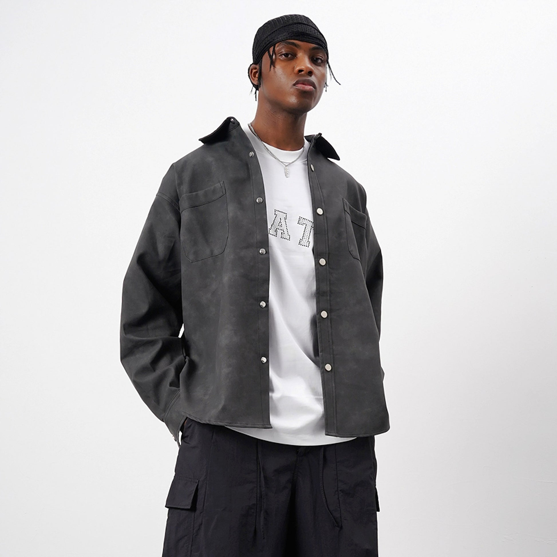 Retro Street Style Washed-out PU Leather DressShirt Men - enhanced image 8
