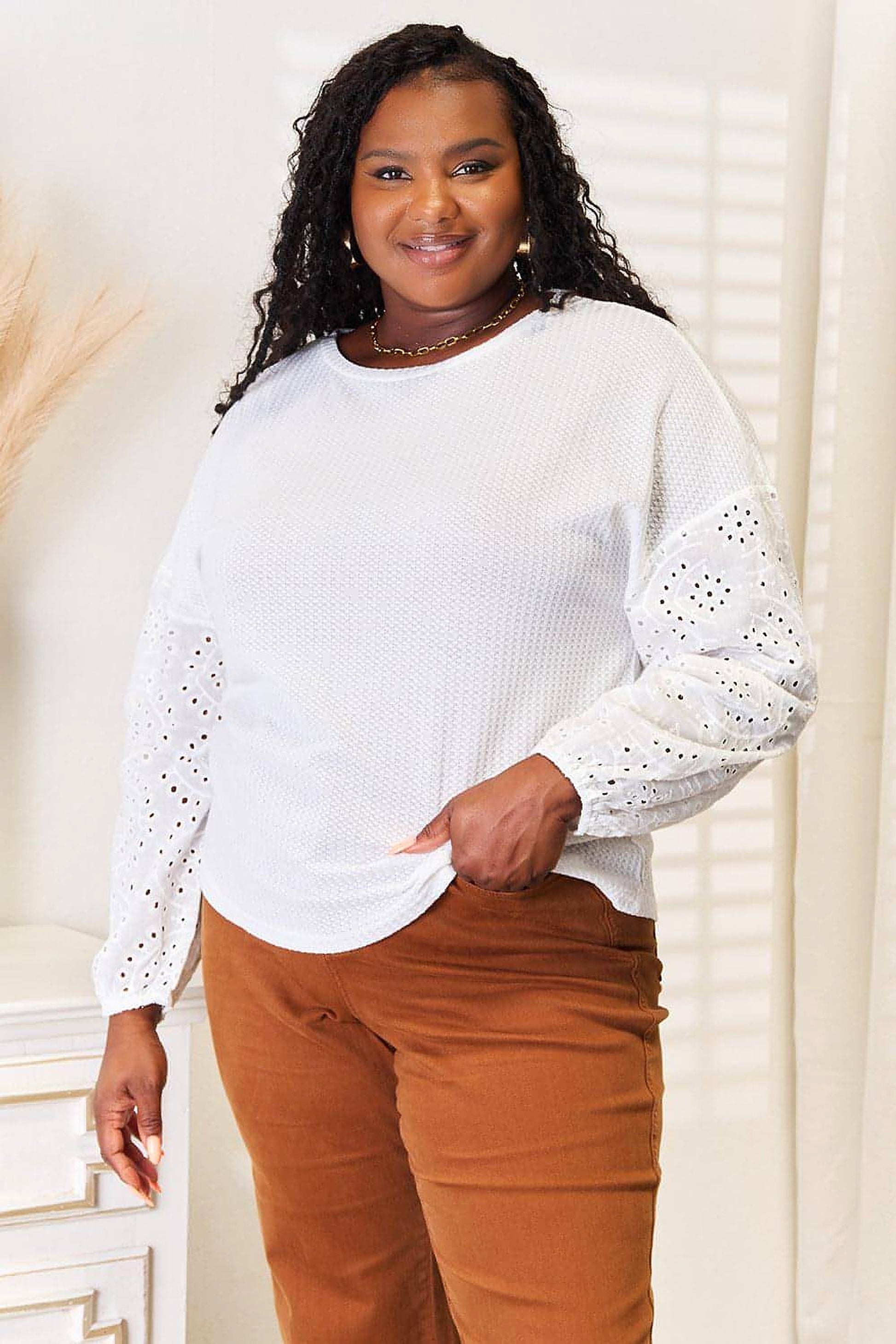 Shiny Eyelet Dropped Shoulder Round Neck Blouse - enhanced image 8