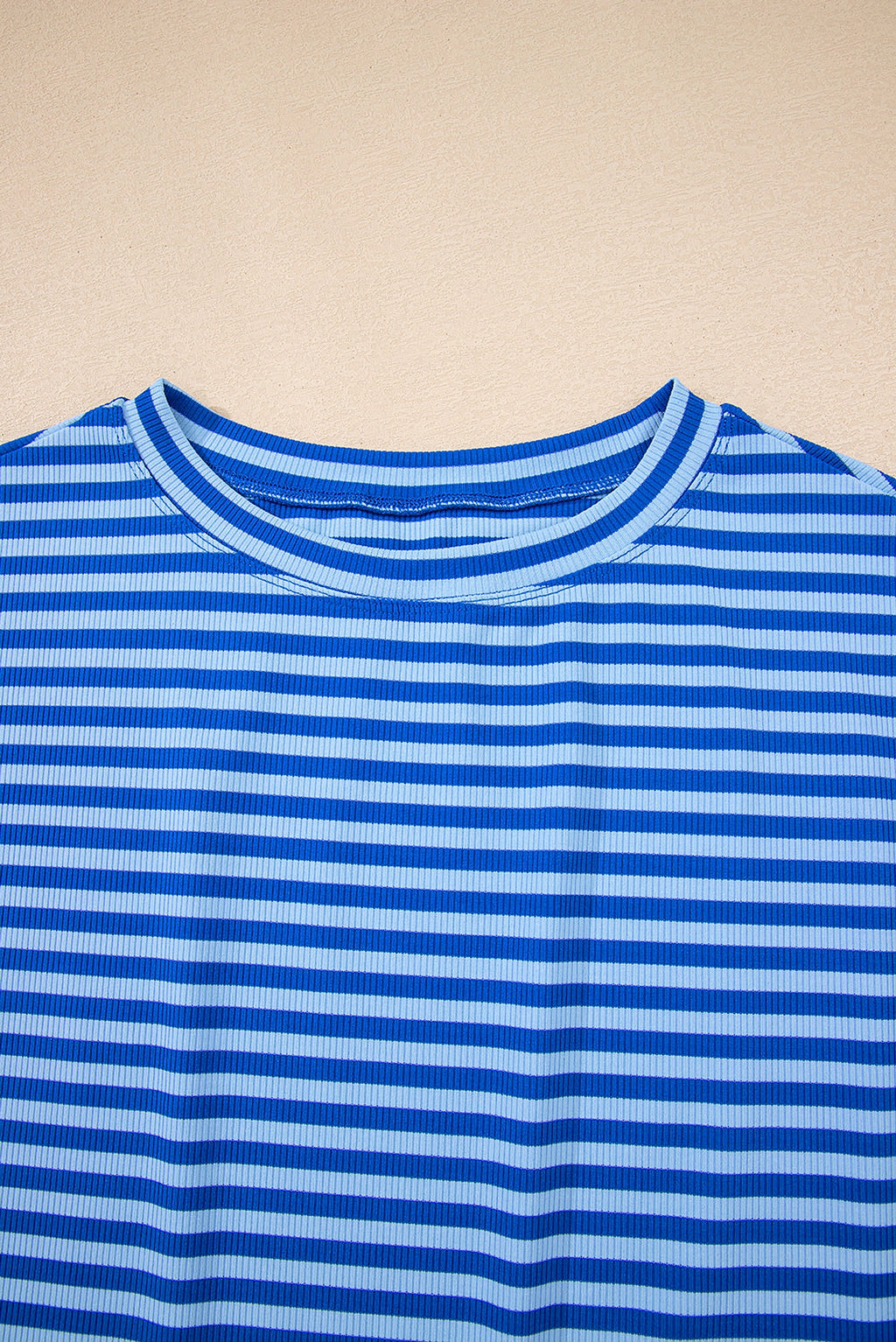 Sky Blue Stripe Ribbed Cap Sleeve Round Neck T Shirt - enhanced image 8