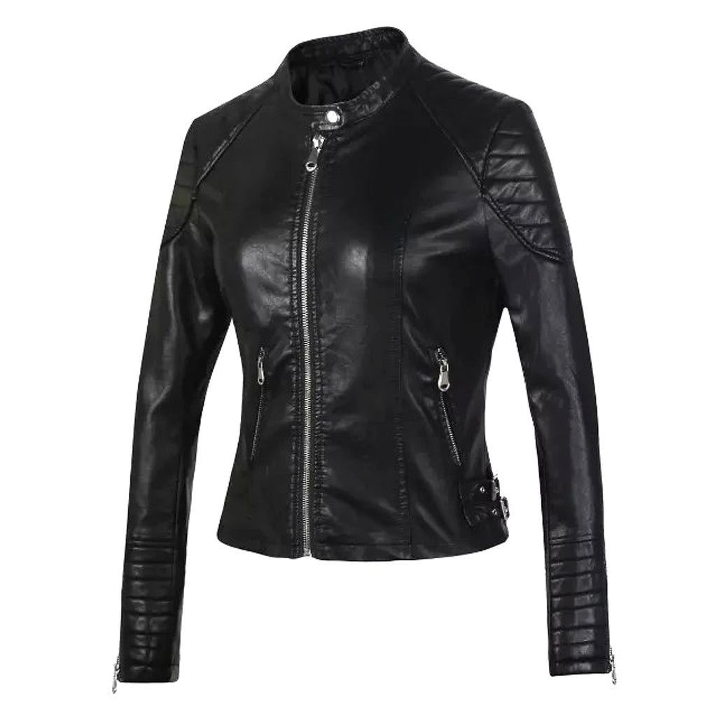 Standing Collar Motorcycle Pu Slim Leather Jacket Women Short - enhanced image 8