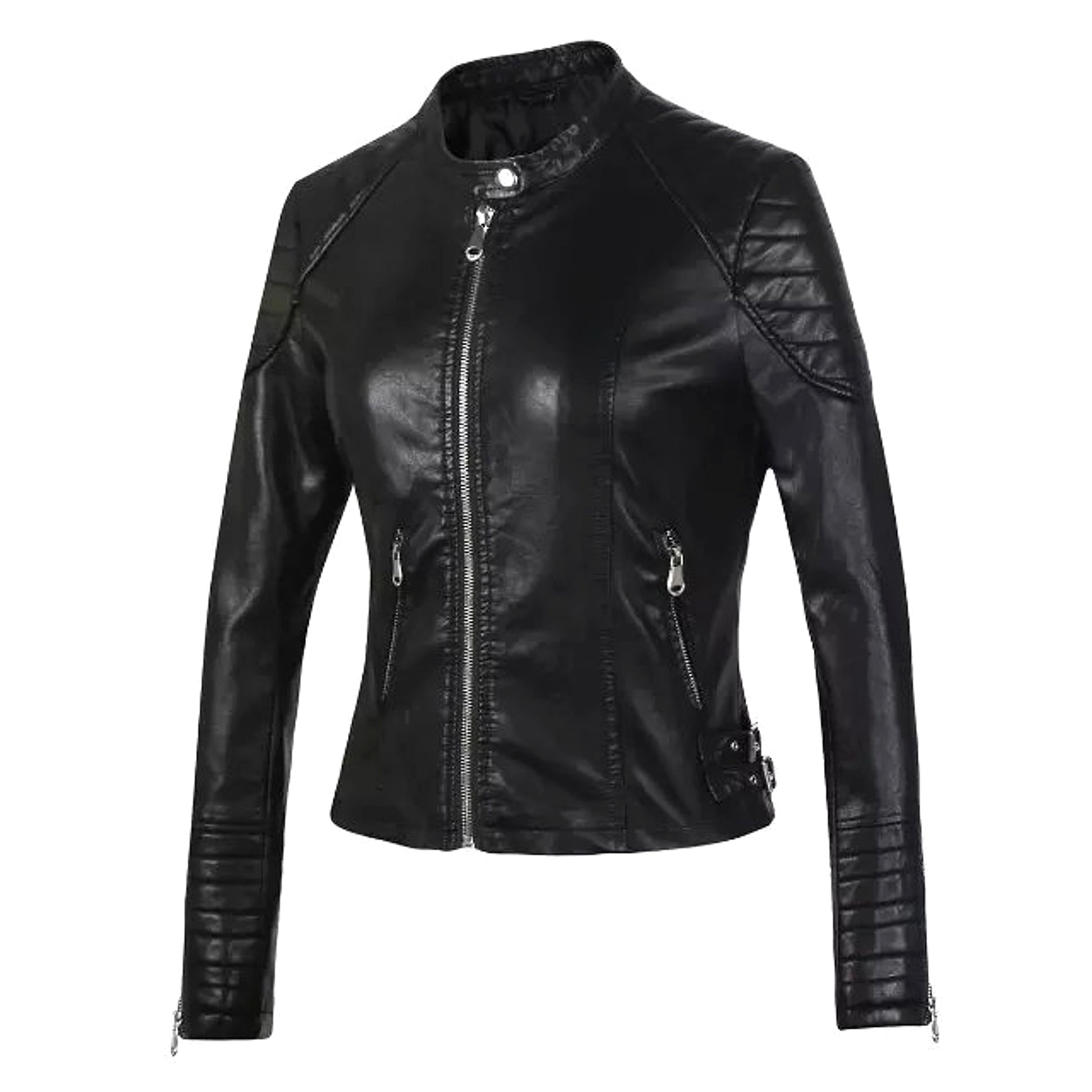 Standing Collar Motorcycle Pu Slim Leather Jacket Women Short - enhanced image 8