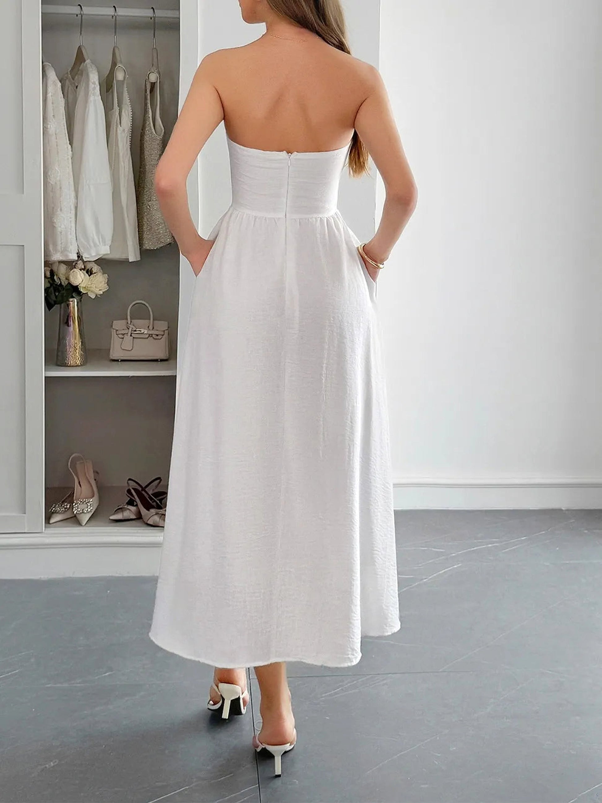 Strapless A-Line Midi Dress with Pockets - enhanced image 8