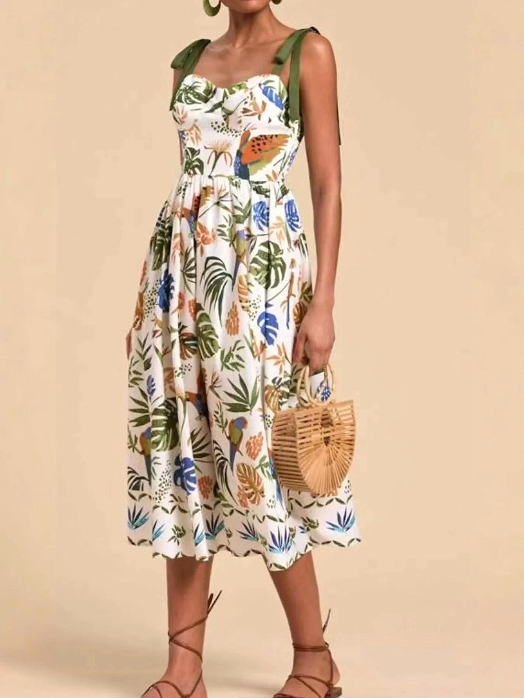 Tropical Print Tie-Shoulder Sweetheart Neck Midi Dress - enhanced image 8