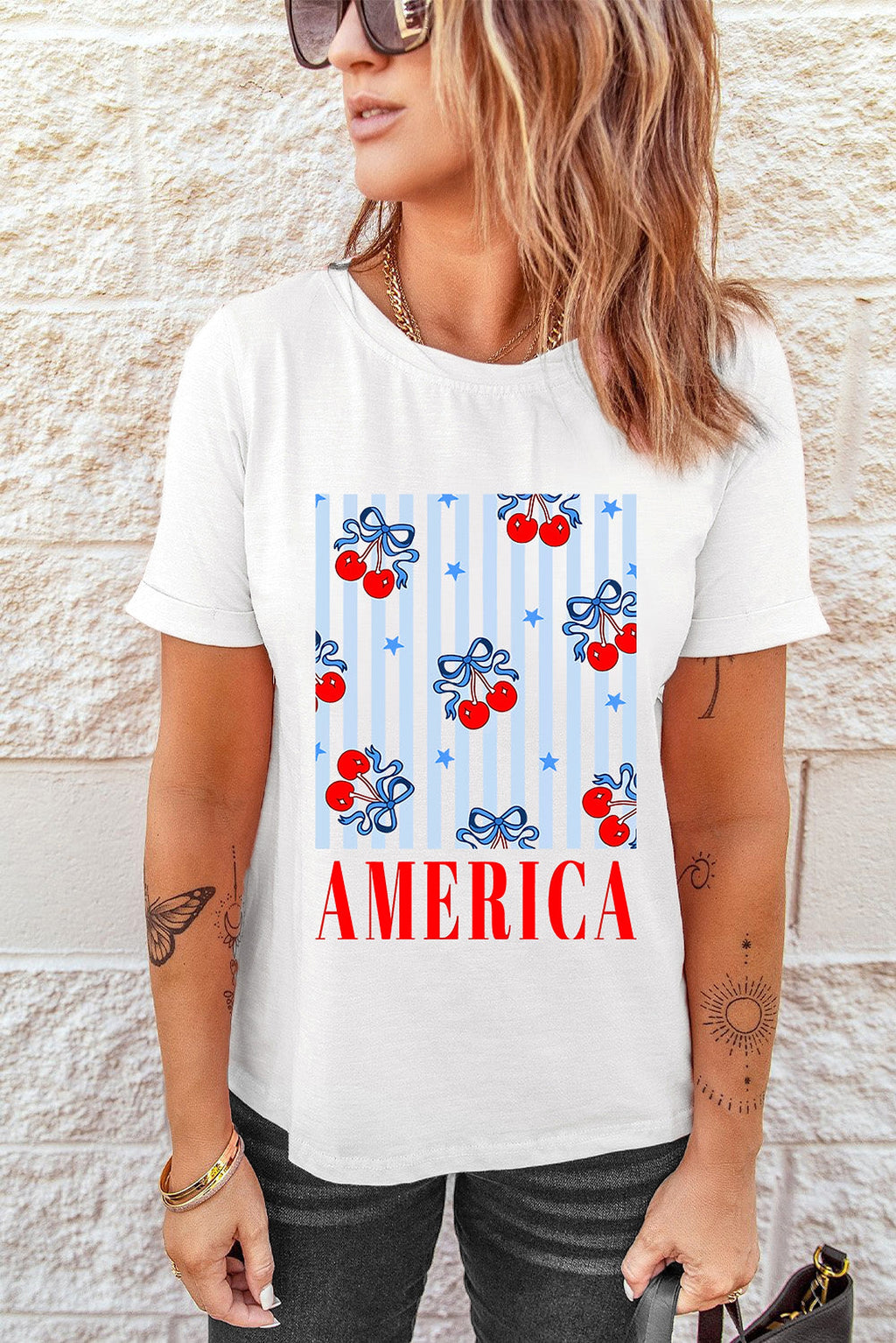 White Bow Cherry AMERICA Graphic Crewneck Patriotic T Shirt - enhanced image 8