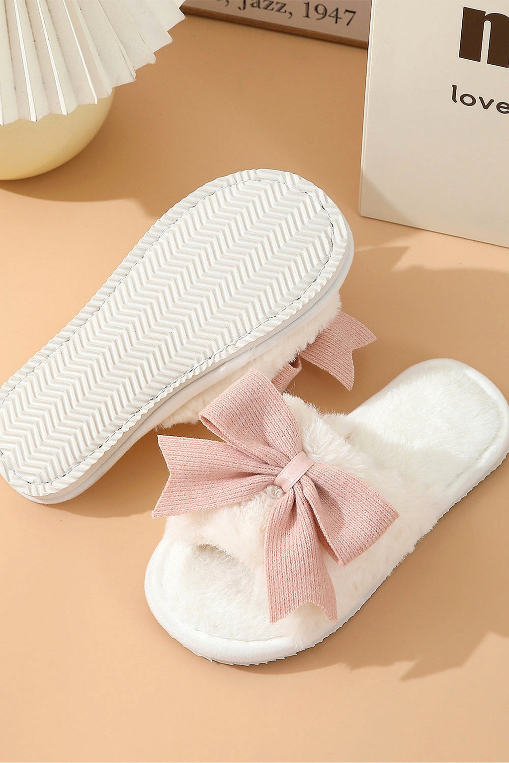 White Bow Knot Decor Open Toe Plush Slippers - enhanced image 8