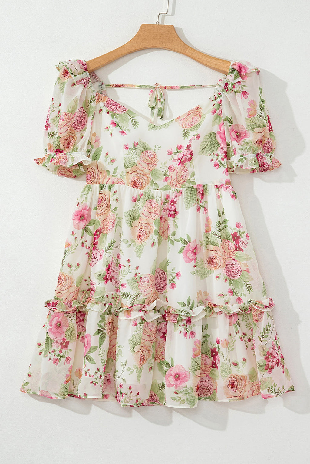 White Vibrant Floral Bubble Sleeve Sweetheart Neck Ruffle Mini Dress - enhanced image 8