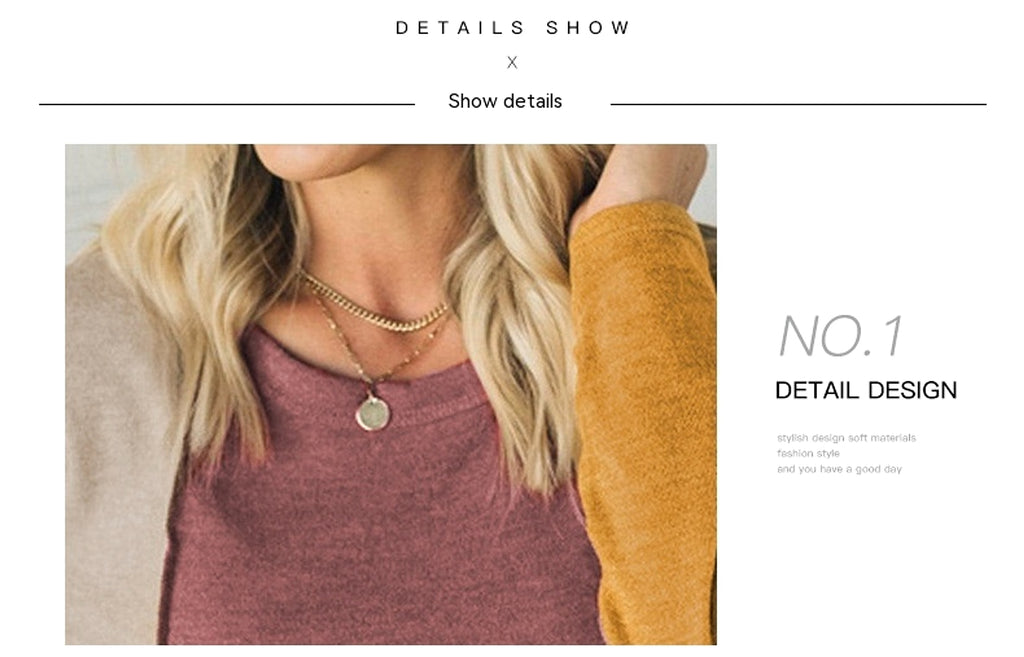 Women's Knitted Round Neck Irregular Contrast Color Long Sleeves Casual Top T-shirt - enhanced image 8