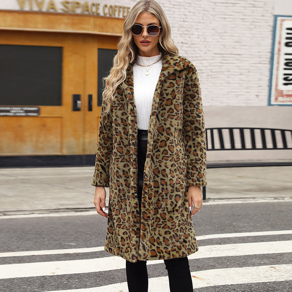 Women's Leopard Print Imitation Fur Plush Lapel Coat - enhanced image 8