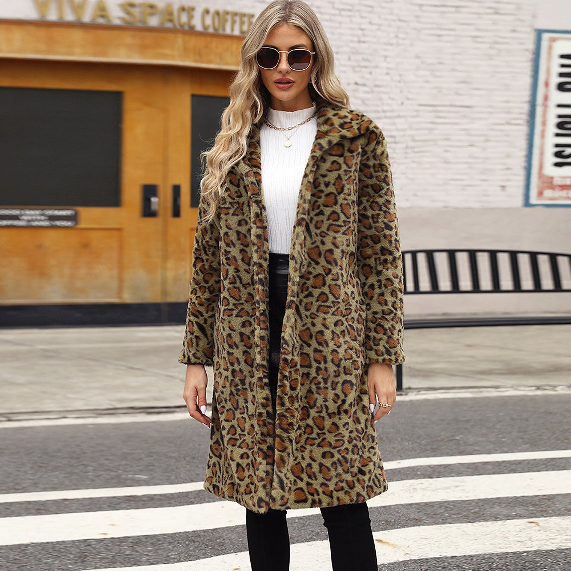 Women's Leopard Print Imitation Fur Plush Lapel Coat - enhanced image 8