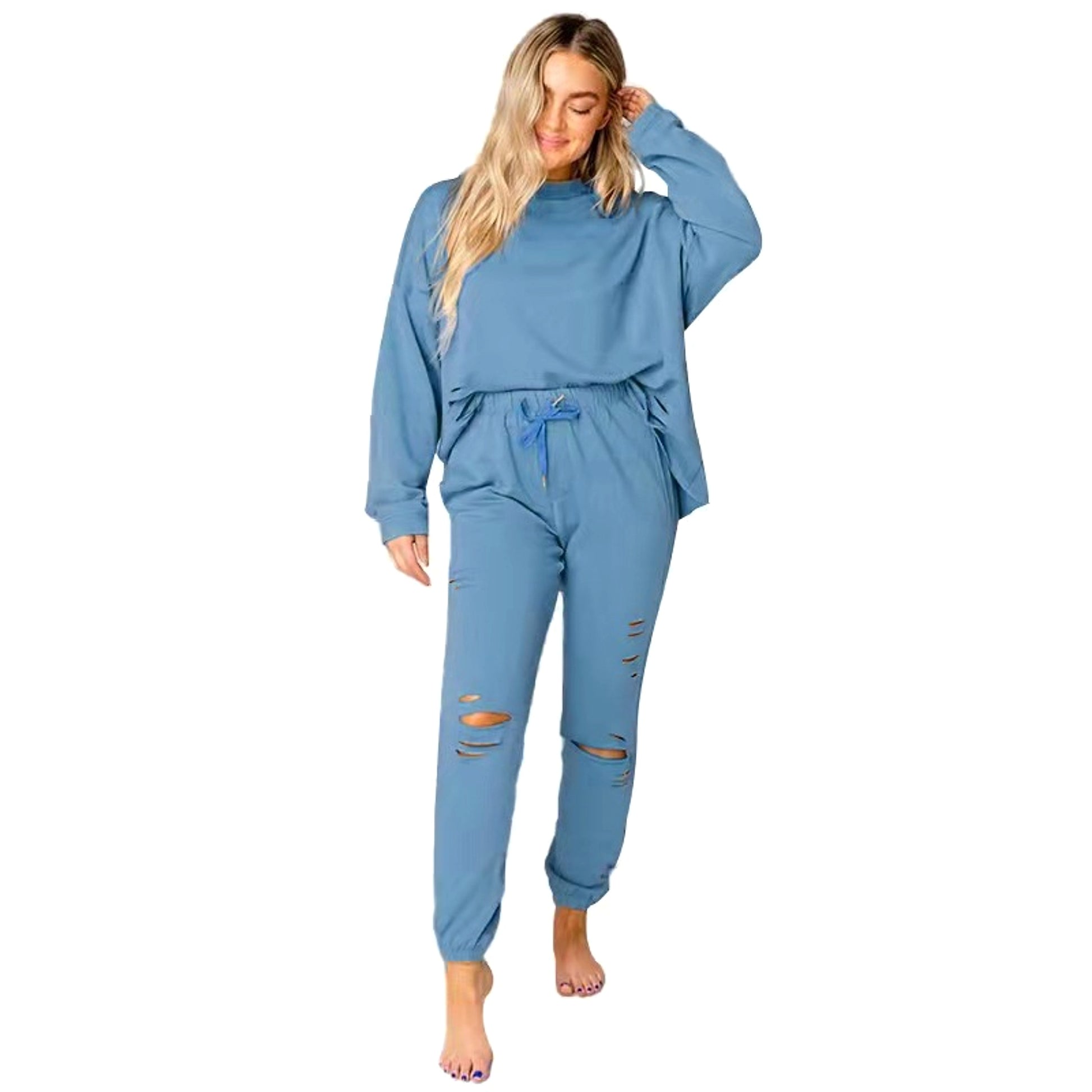 Women's Solid Color Ripped Tracksuit - enhanced image 8