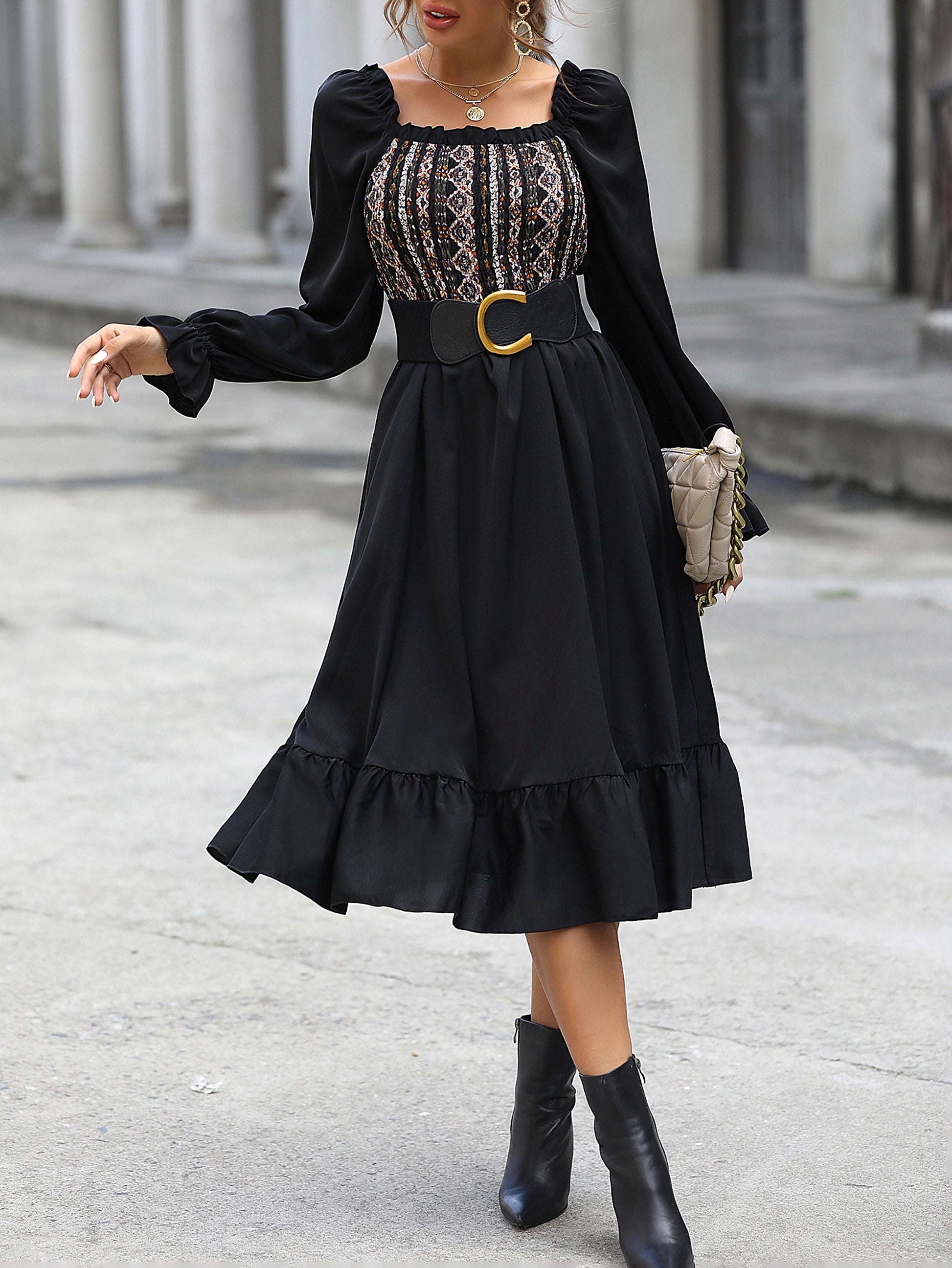 Women's Square-neck Cinched Midi Dress - enhanced image 8
