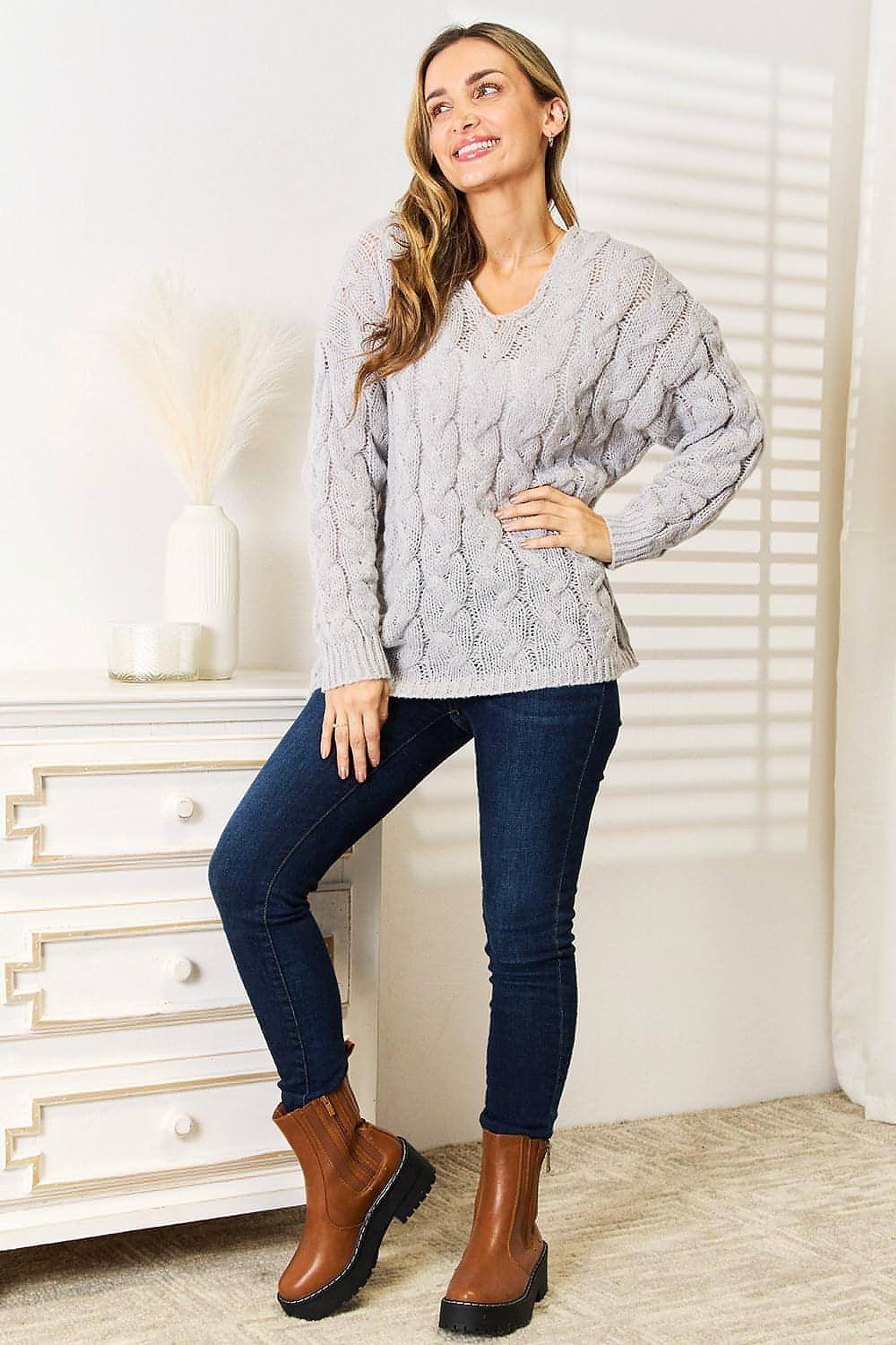 Woven Right Cable-Knit Hooded Sweater. - enhanced image 8