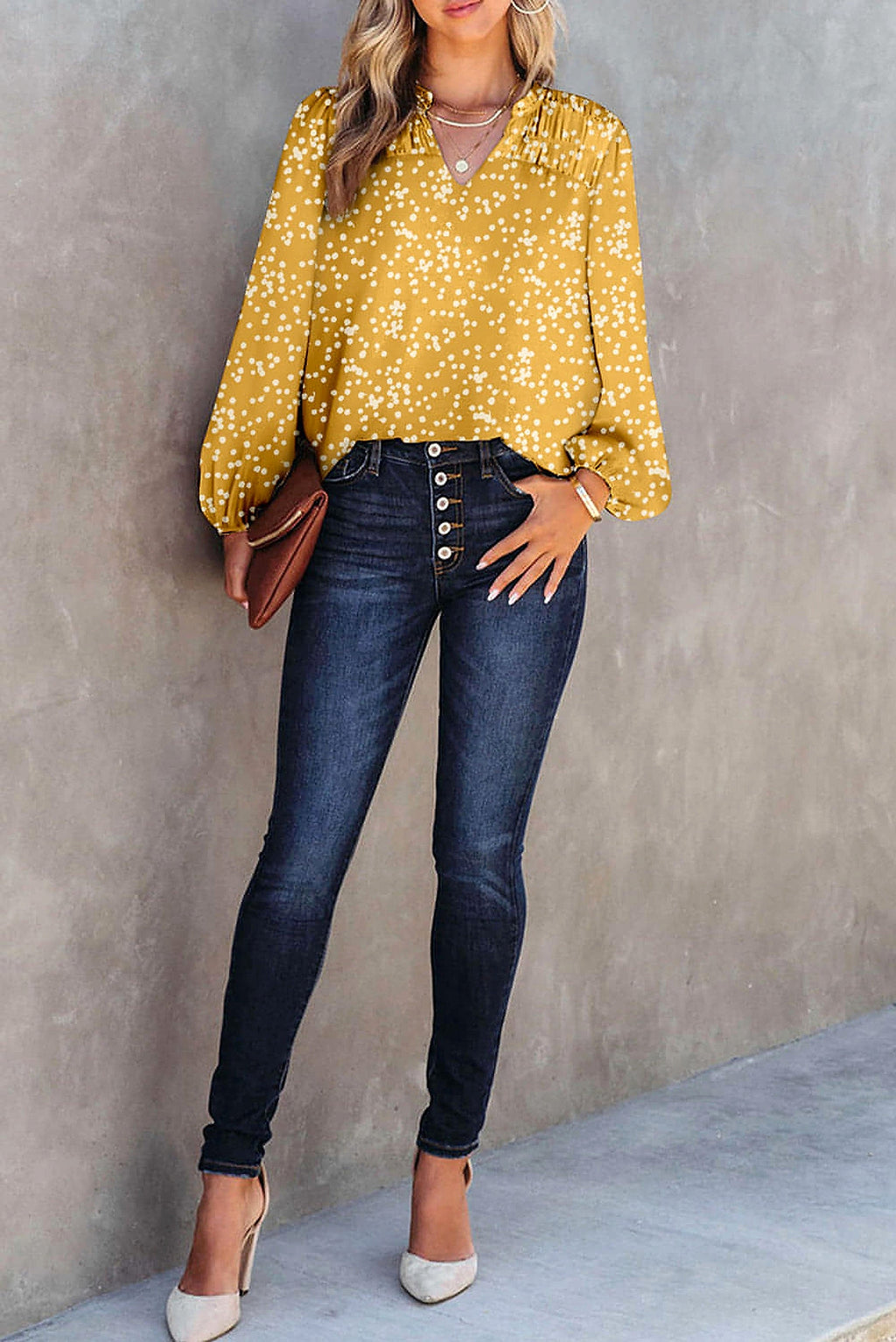 Yellow Split Neck Fall Printed Crinkled Blouse - enhanced image 8