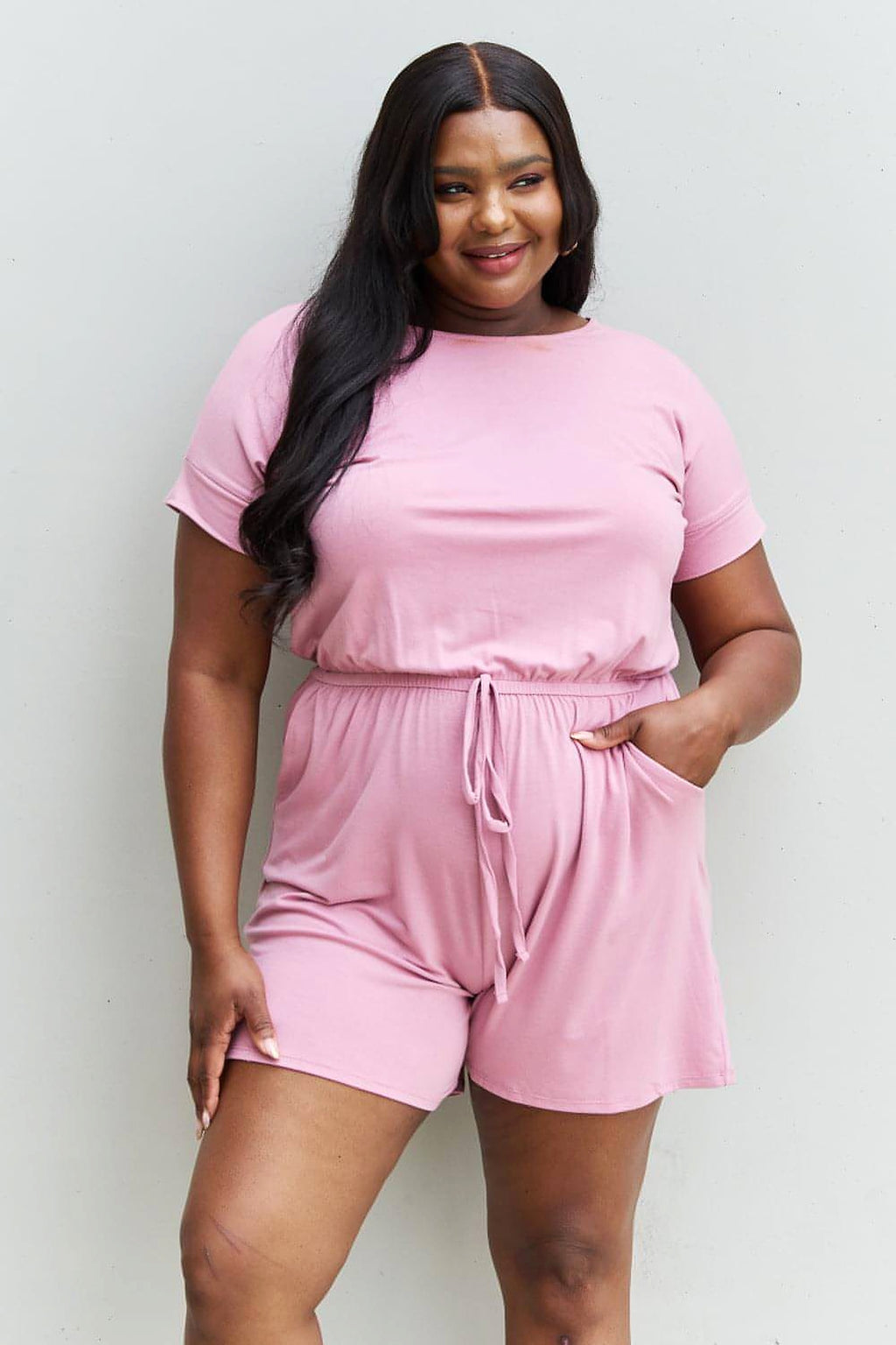 Zenana Chilled Out Full Size Short Sleeve Romper in Light Carnation Pink - enhanced image 8