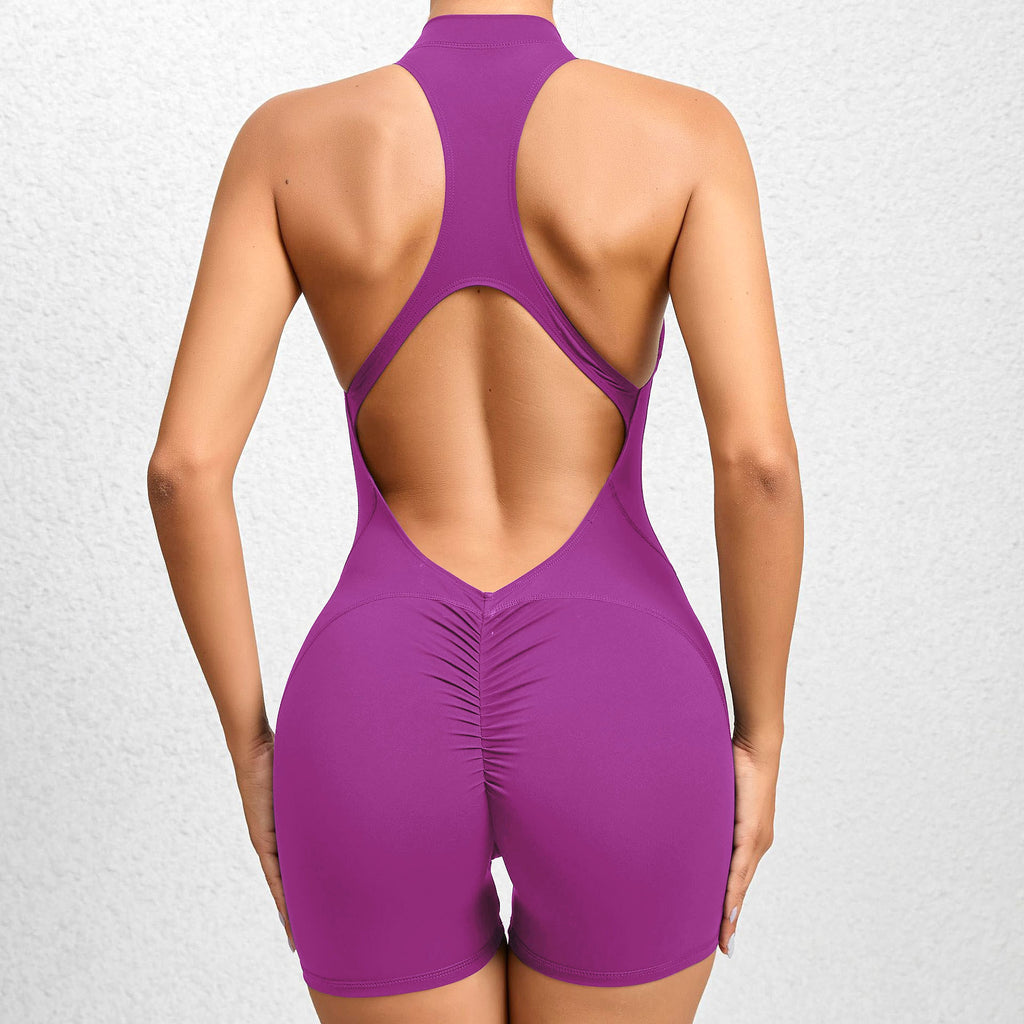 A1. Zippered Yoga Fitness Shorts Jumpsuit Leggings - enhanced image 8