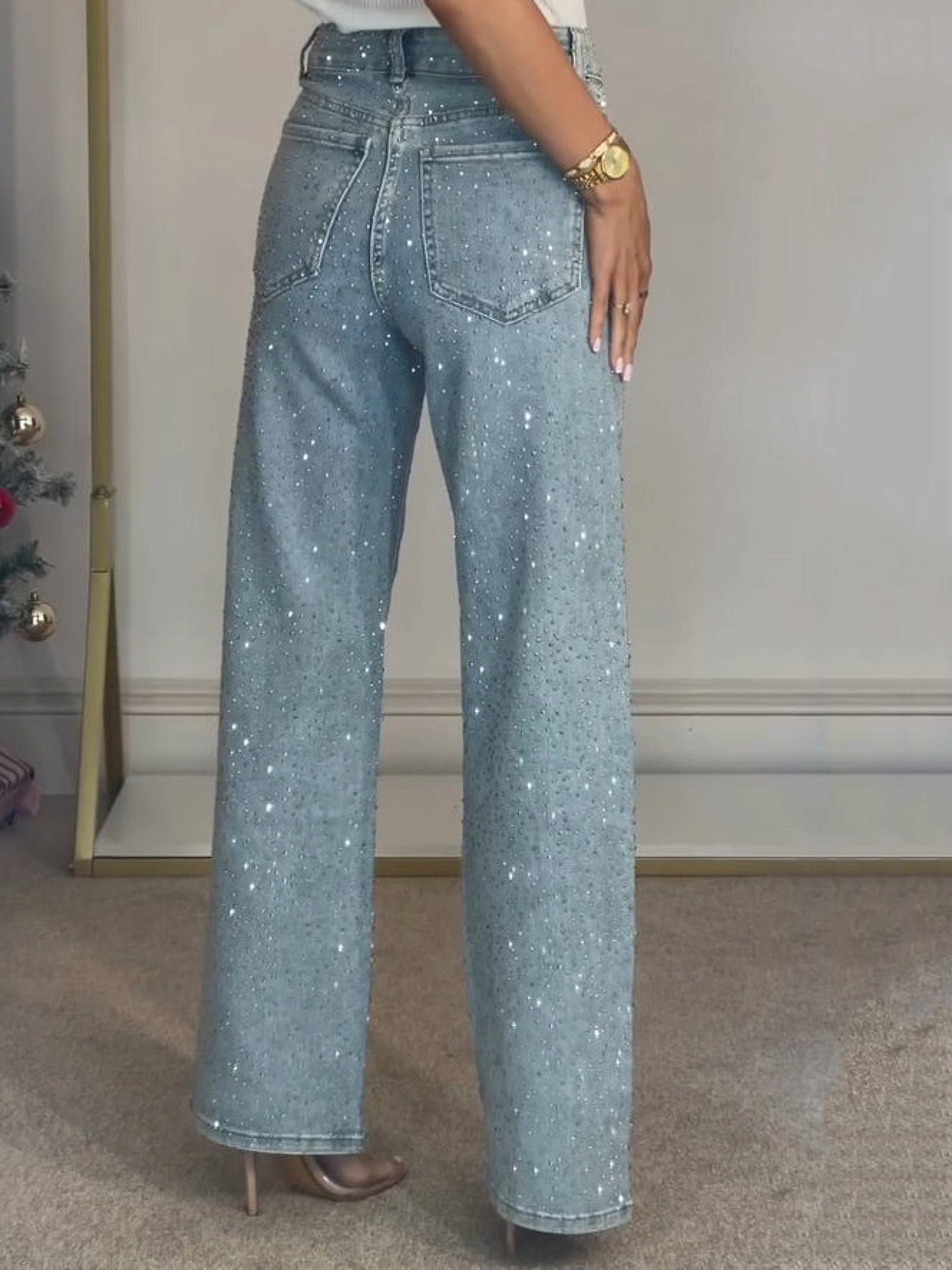 25 Edition – Women’s High Waist Straight Street Jeans with Glitter Details - enhanced image 9
