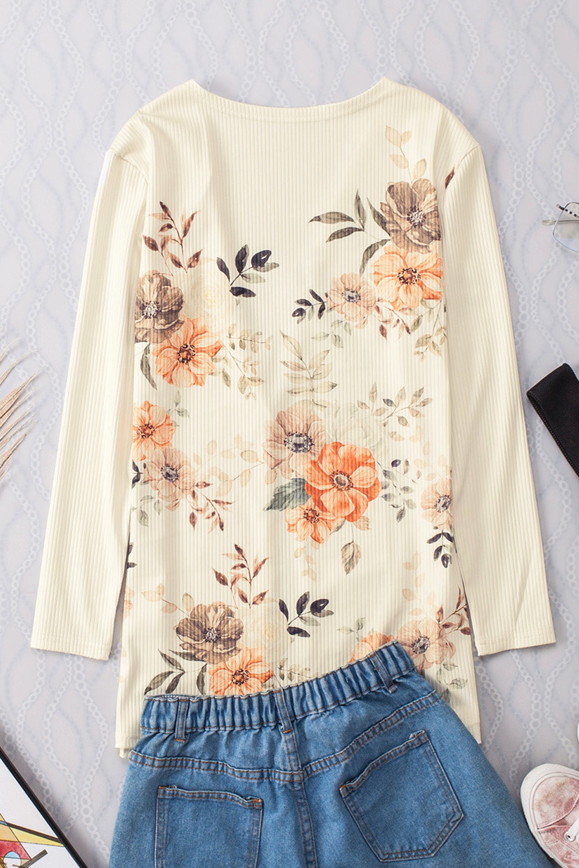 Apricot Floral Print Ribbed Knit Slim Fit Cardigan - enhanced image 9
