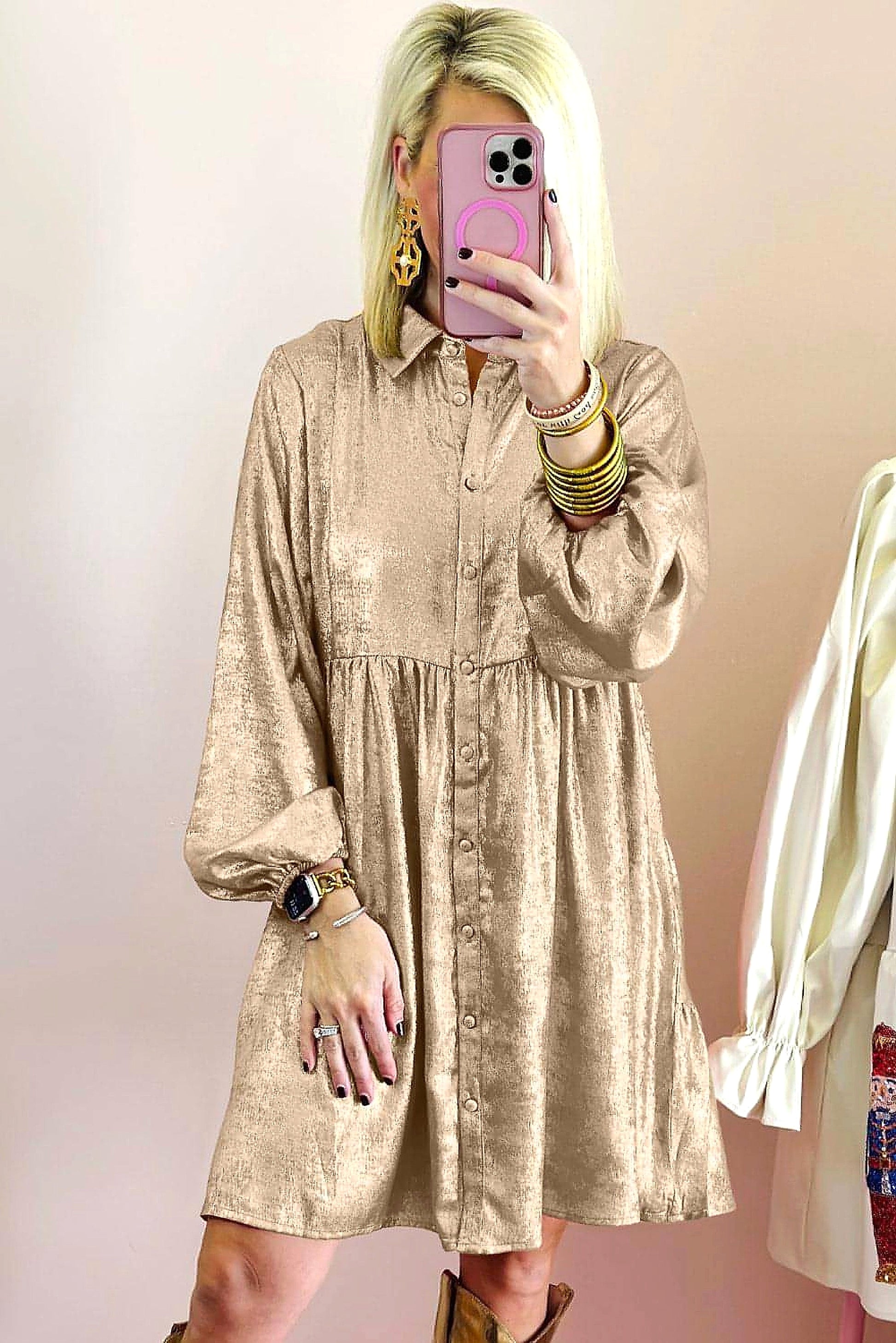 Apricot Metallic Sheen Puff Sleeve Button Up Mini Shirt Dress - enhanced image 9