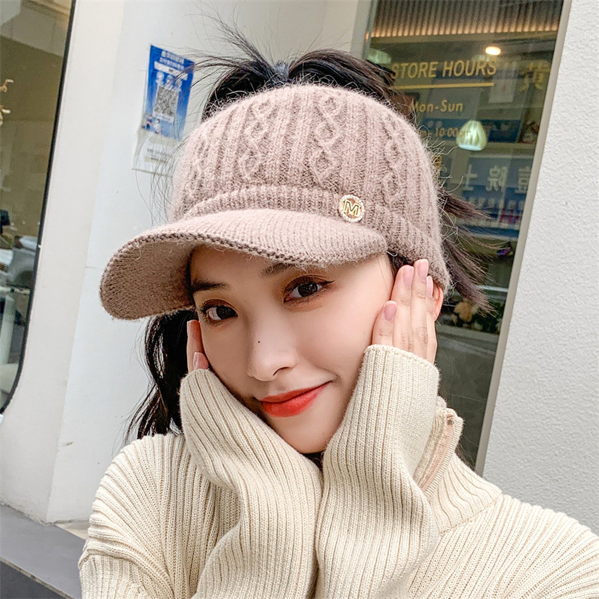 Autumn And Winter Korean Style Versatile Knitted Rabbit Fur Knitted Hat Fleece-lined Thick Warm Earflaps Peaked Cap - enhanced image 9