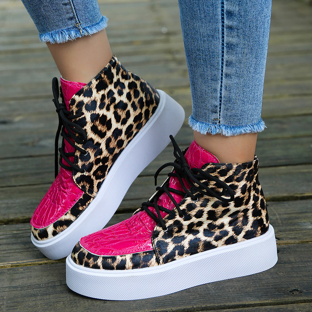 Autumn New High-top Leopard Print Flat-heeled Platform Lace Color Block Casual Women's Shoes - enhanced image 9