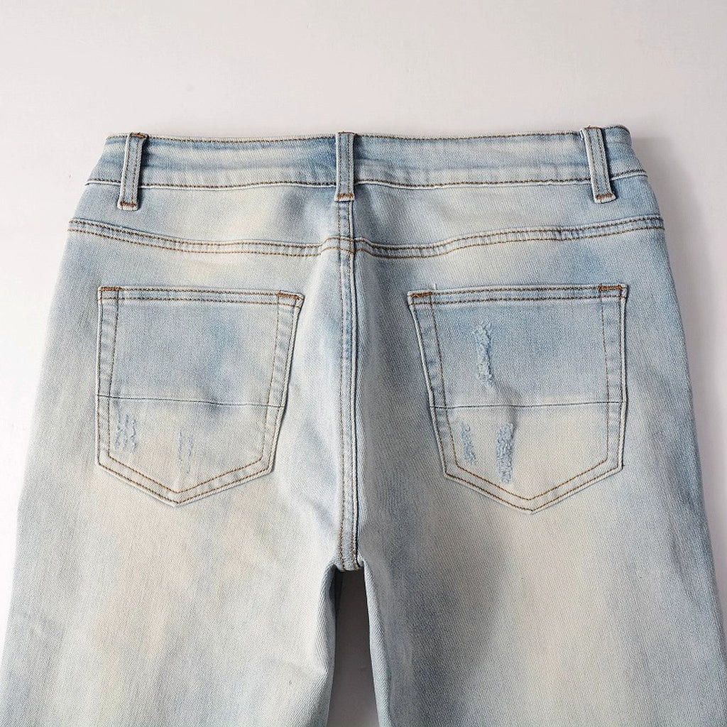 Baby Blue Wash Water Worn Patch Torn Jeans Male - enhanced image 9