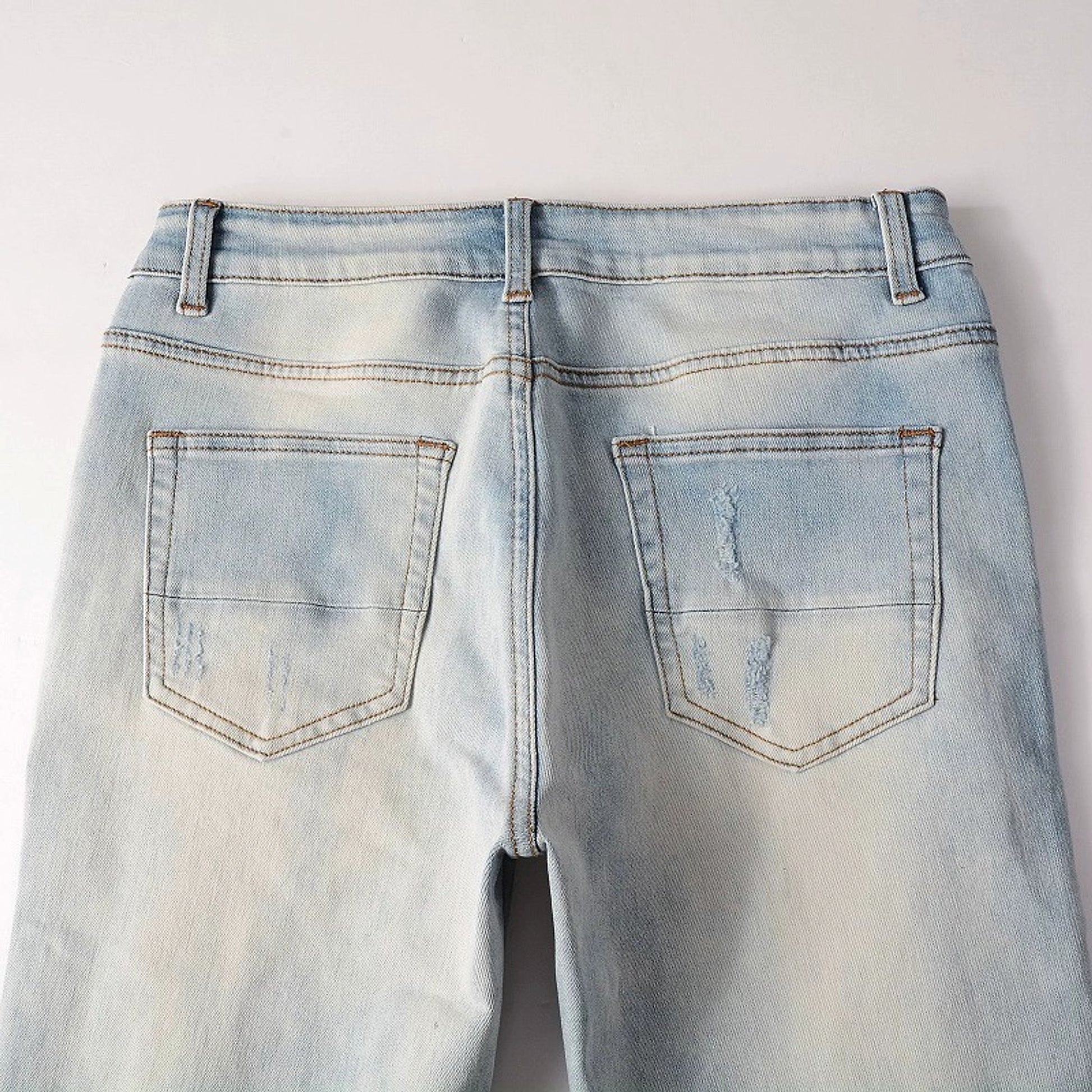 Baby Blue Wash Water Worn Patch Torn Jeans Male - enhanced image 9